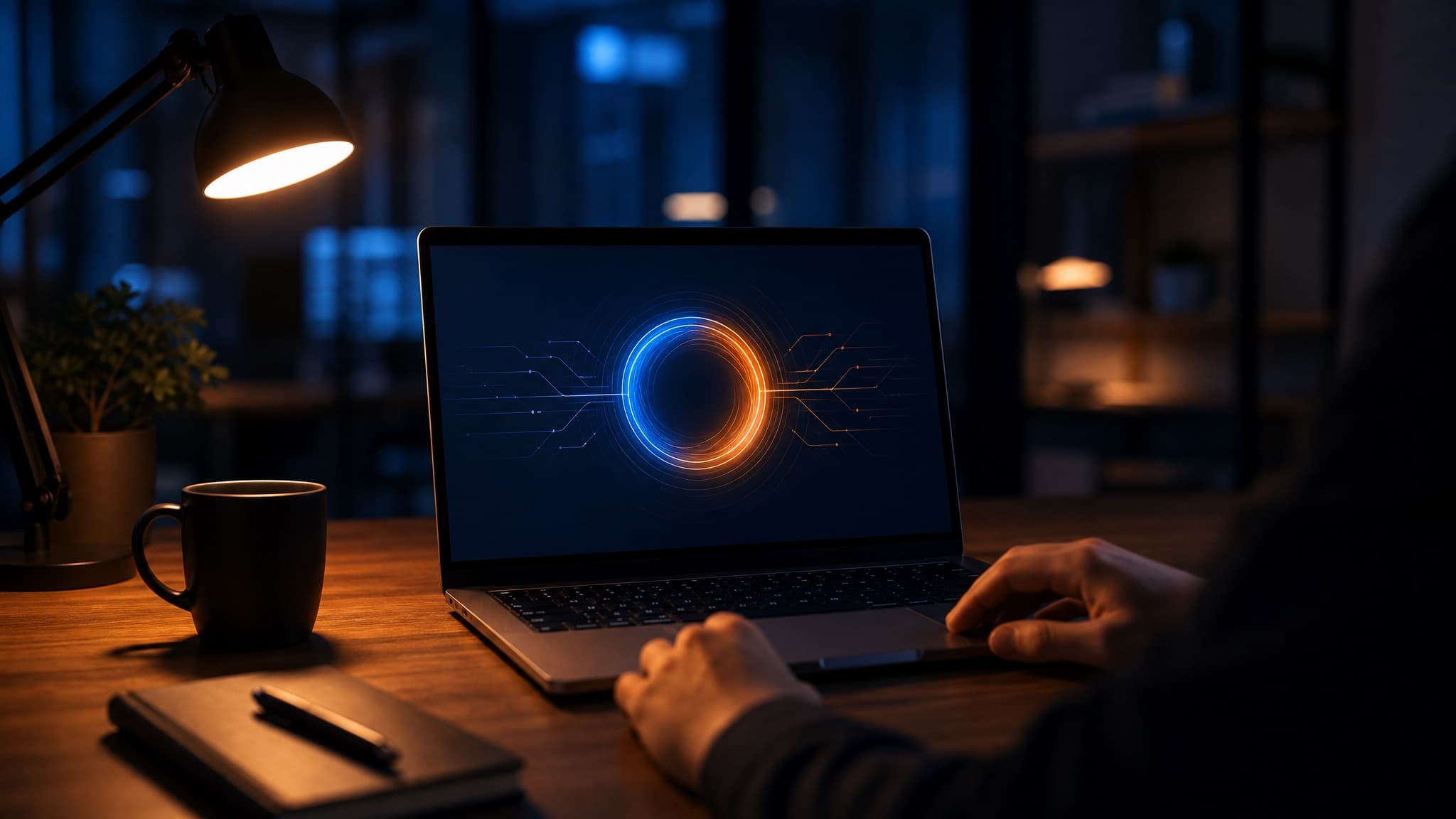 A laptop on a dark desk showing an AI agent working through a branching set of decisions, hands resting at the keyboard