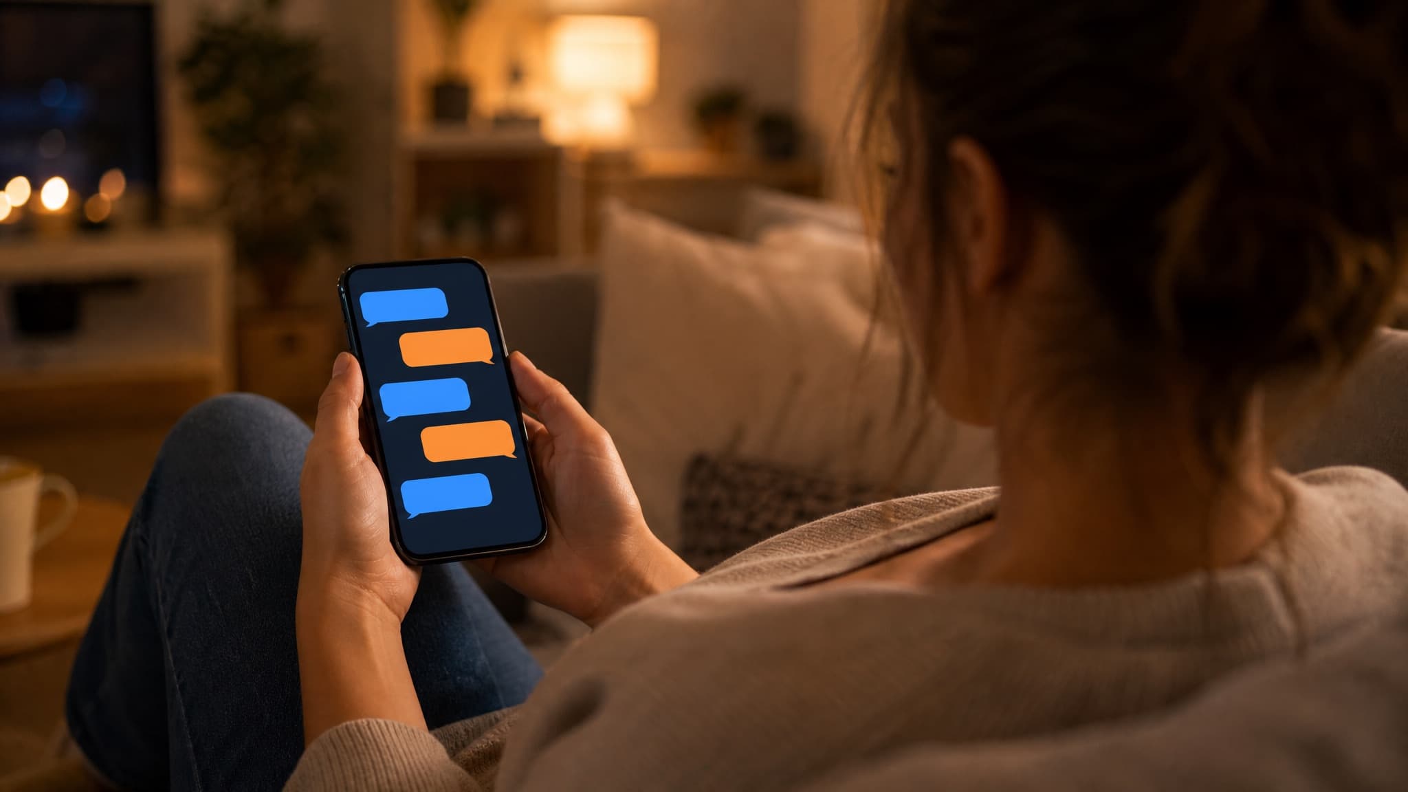 Someone on a sofa reading a chat conversation on their phone in the evening