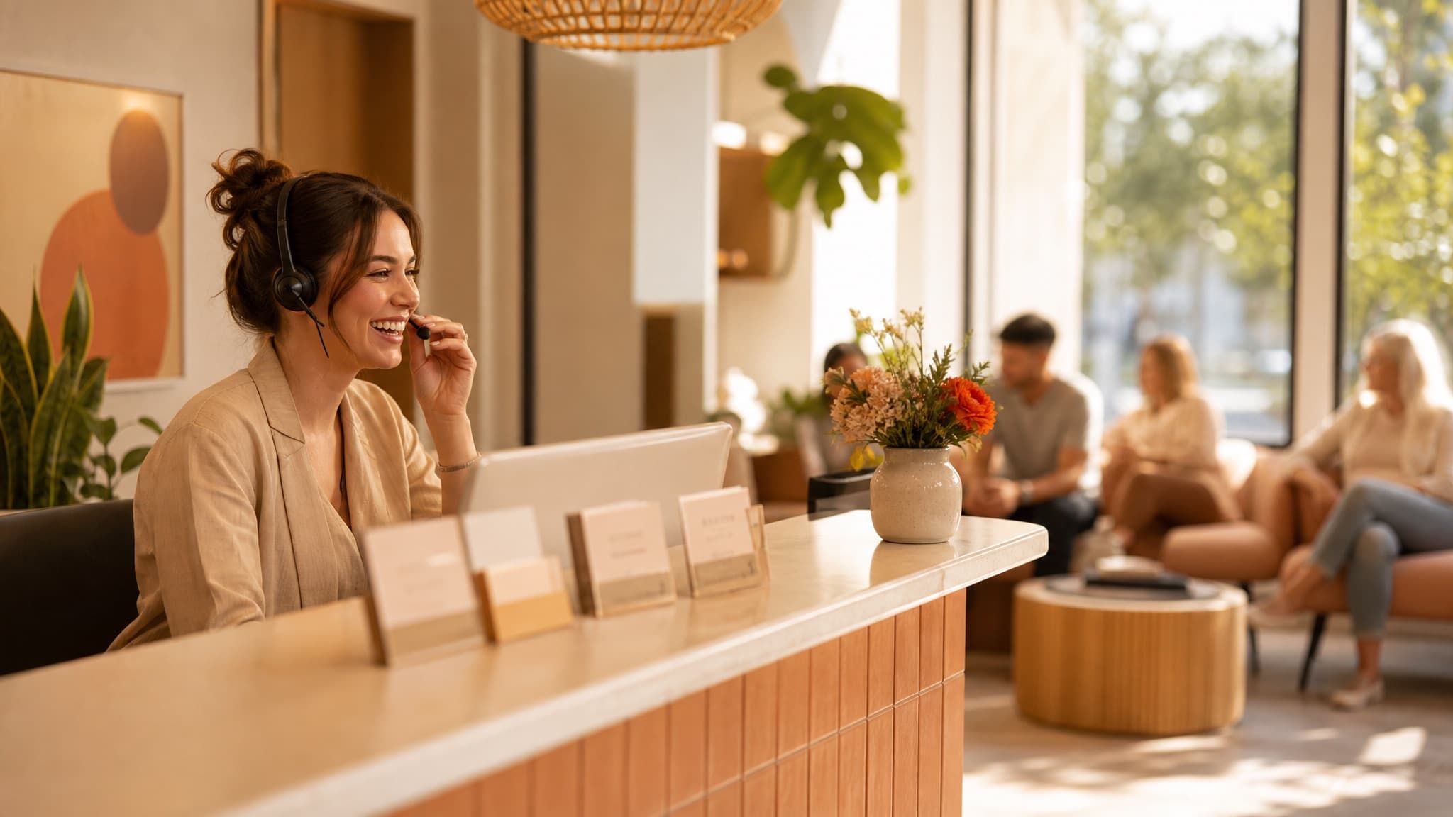 A clinic receptionist laughing on a headset call at a sunlit front desk, patients waiting in the background