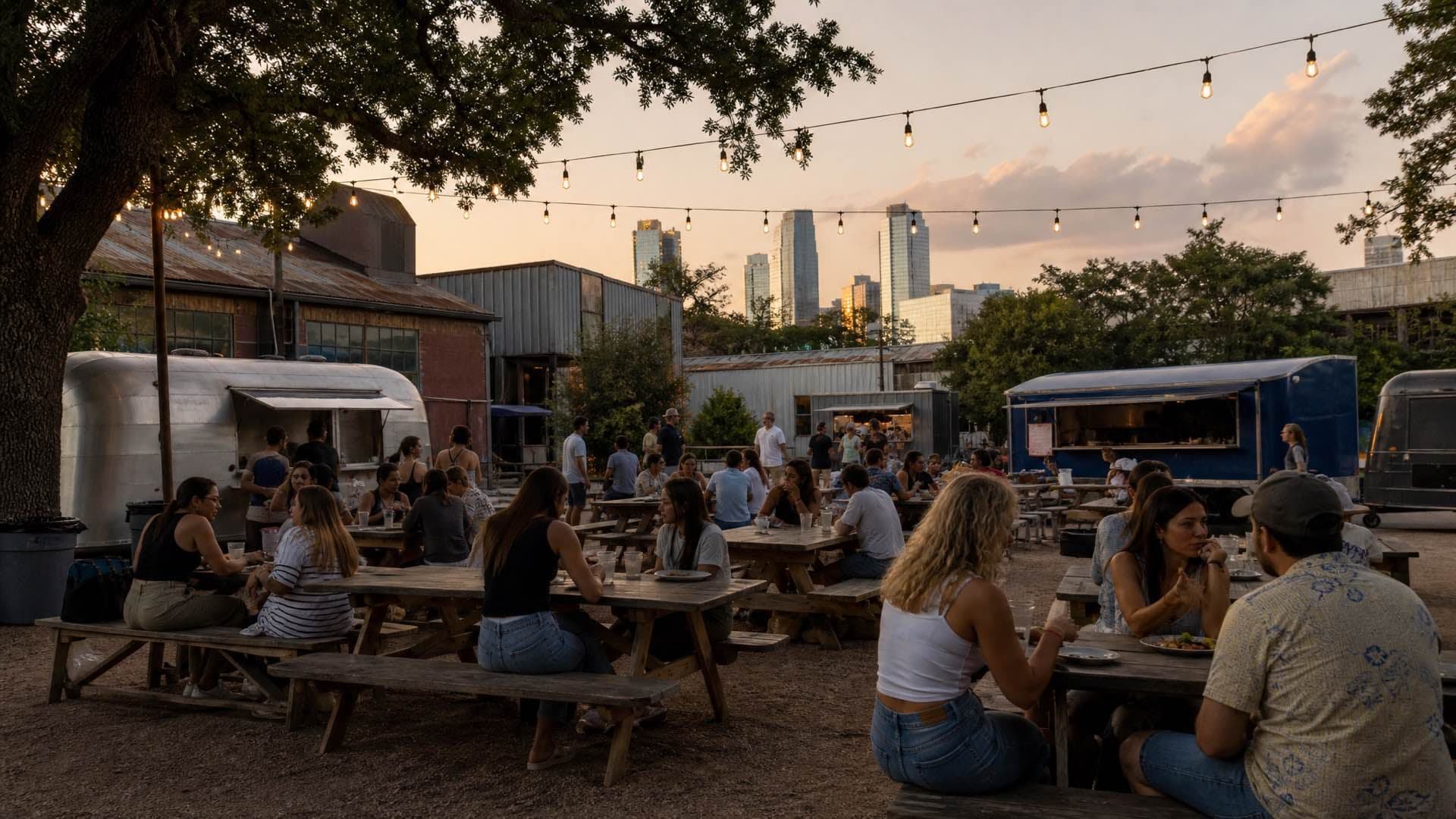 Converted warehouses and food trailers under string lights in an Austin district at humid dusk