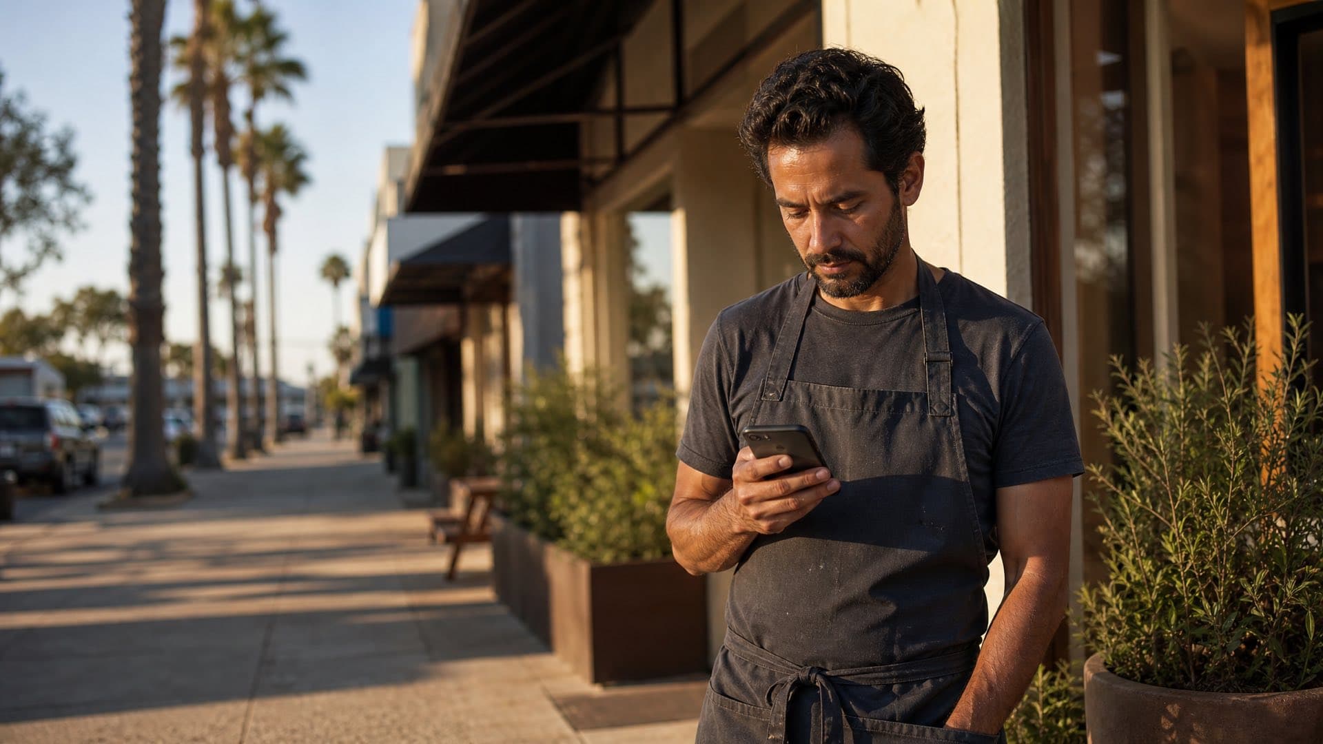 A café owner standing outside their storefront on a palm-lined California boulevard in late afternoon light, looking at a phone