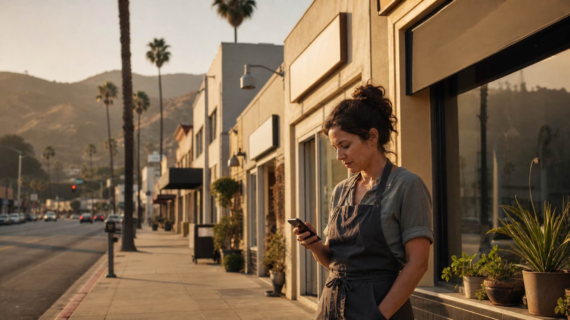 A shop owner outside a single-storey Los Angeles storefront at golden hour, palms and dry hills behind the rooftops