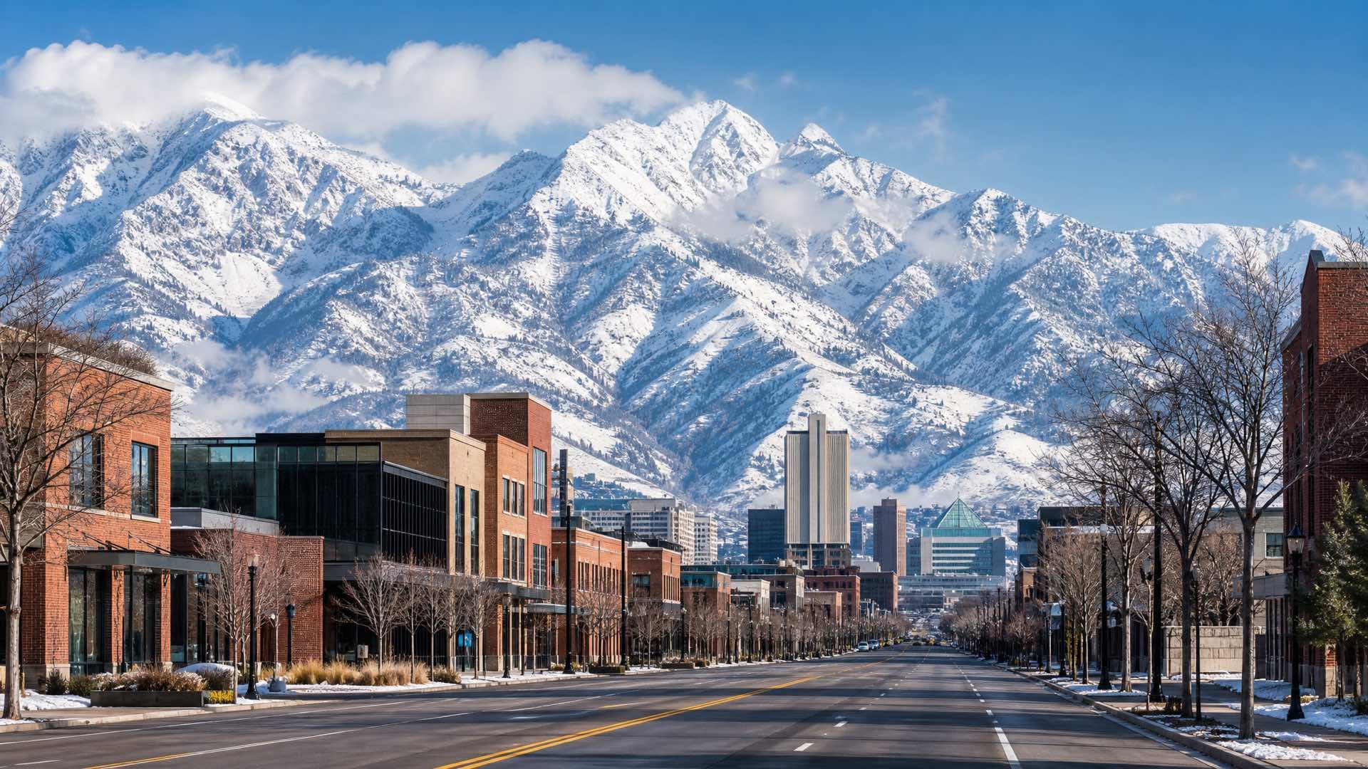 A wide Salt Lake City street with enormous snow-capped mountains rising directly behind the low-rise brick and glass buildings