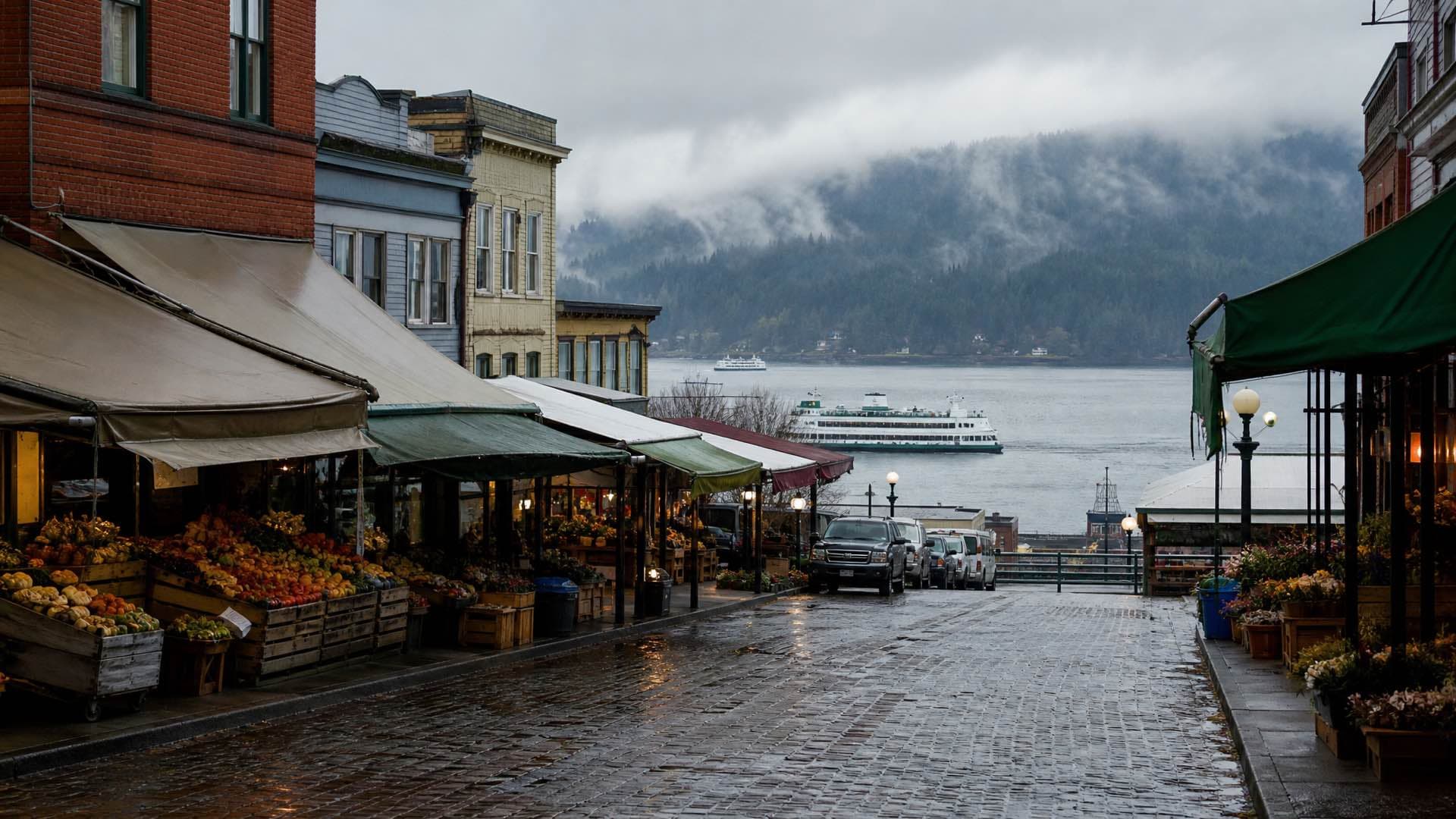 Produce stalls under awnings on a wet Seattle waterfront market street, grey water and misty evergreen hills beyond