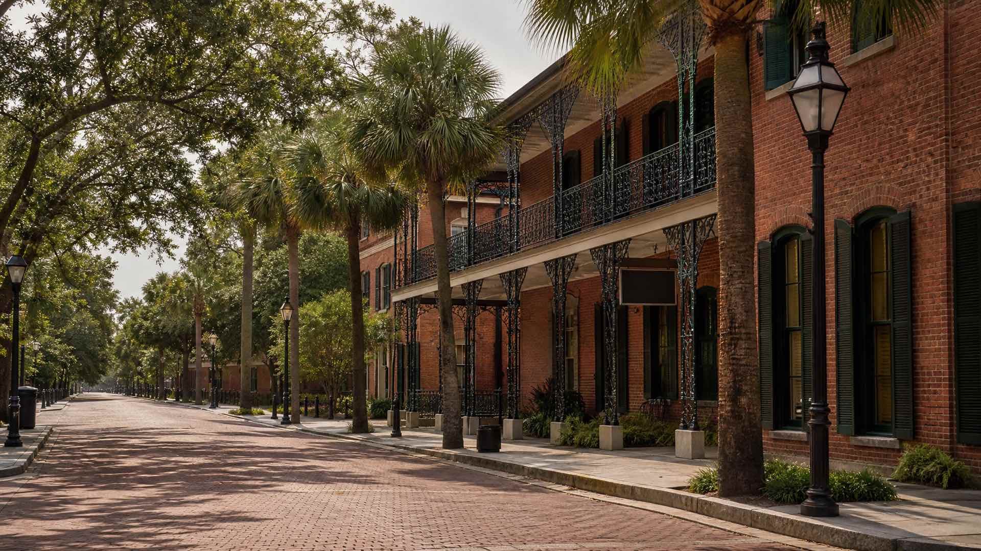 A Tampa historic district of dark red brick buildings with wrought-iron balconies, palms and oaks over a brick-paved street