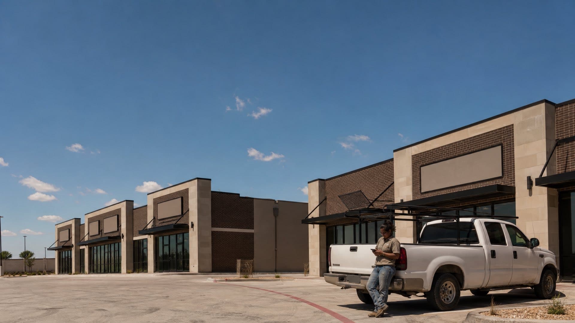 A woman in work clothes leaning against a pickup truck outside a newly built Texas commercial strip under a wide open sky