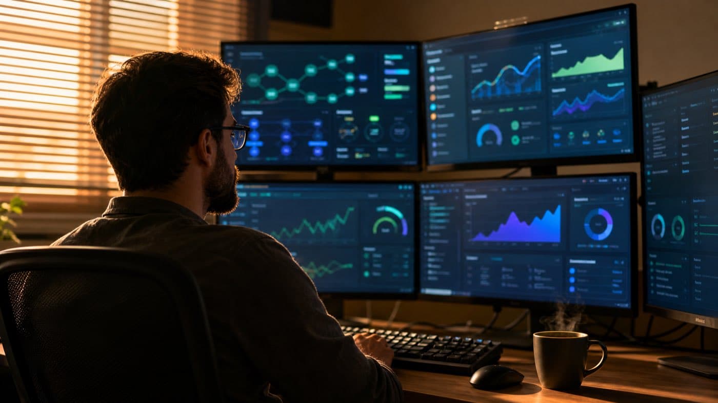 Developer reviewing connected system dashboards