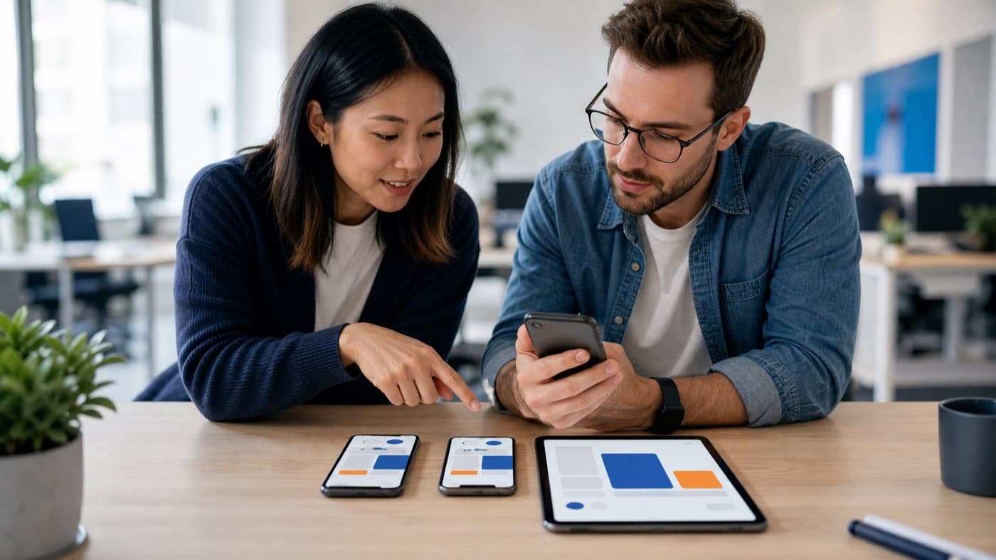 Two developers testing an app across phones and a tablet