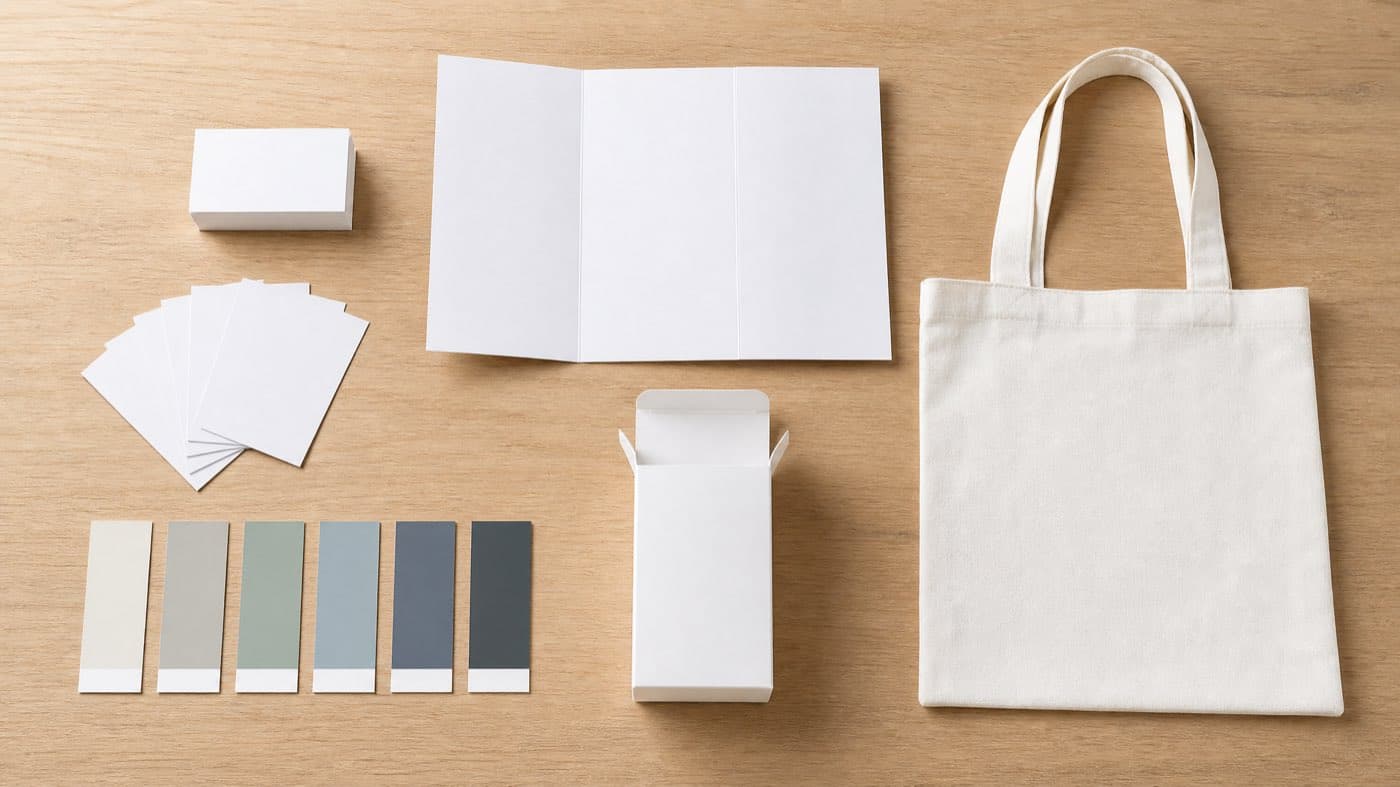 Printed brand collateral laid out across a desk