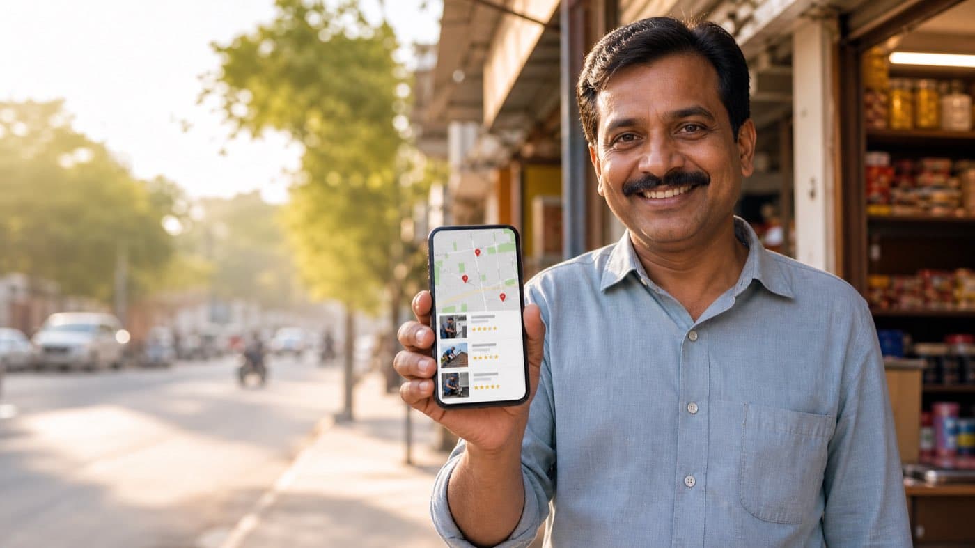 Shop owner showing their business listing and reviews on a phone