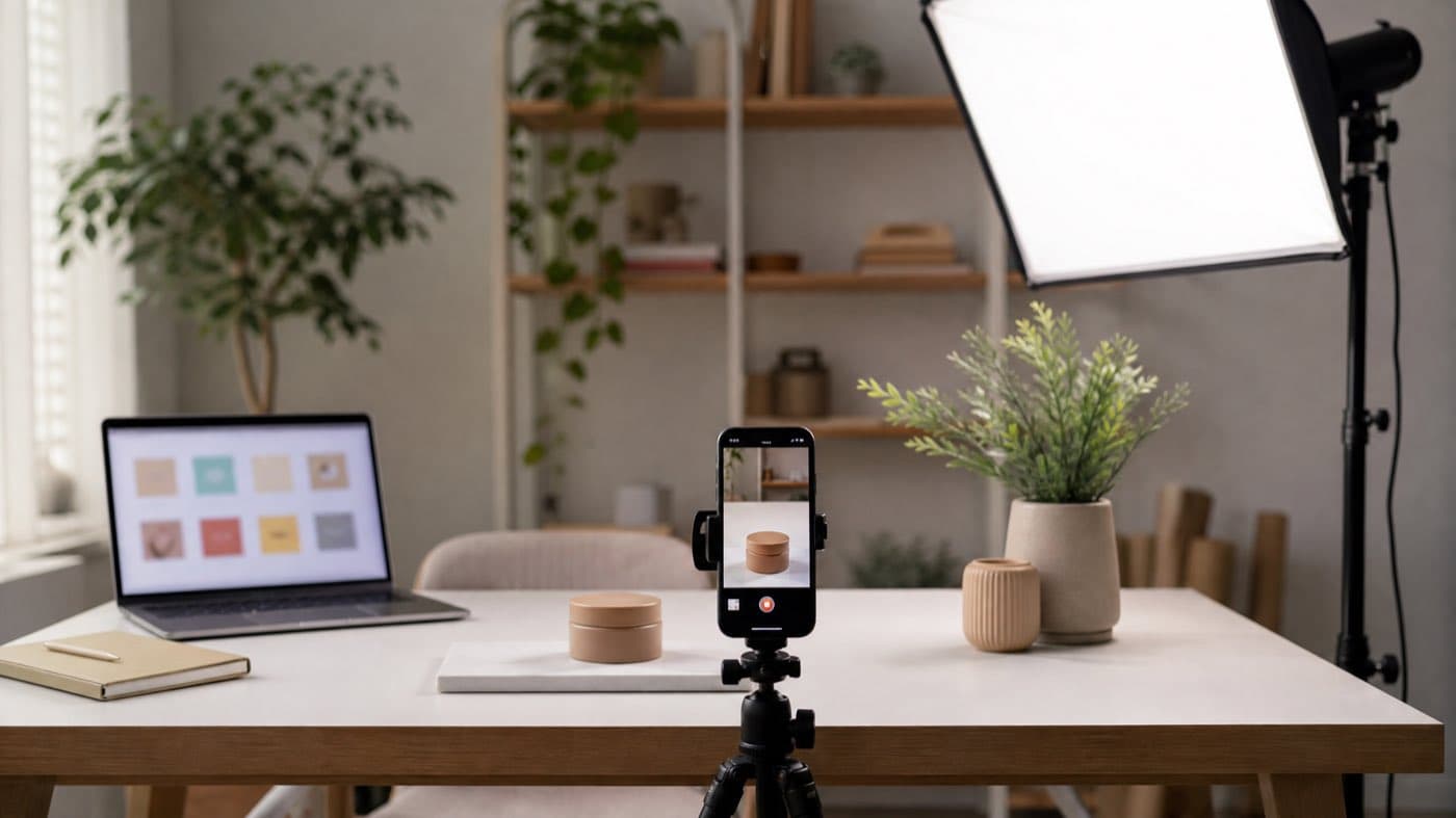 Filming a short vertical video of a product with a phone and softbox