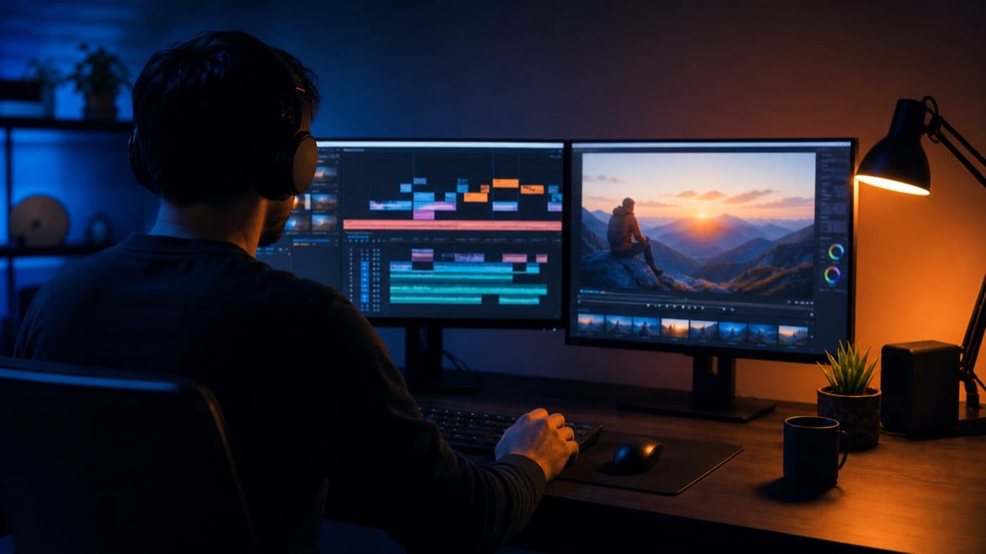Editor working across a two-monitor video suite