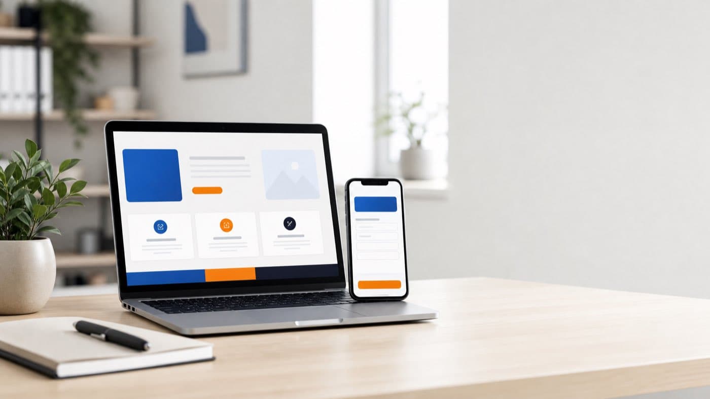 A business website loading on a laptop and phone side by side