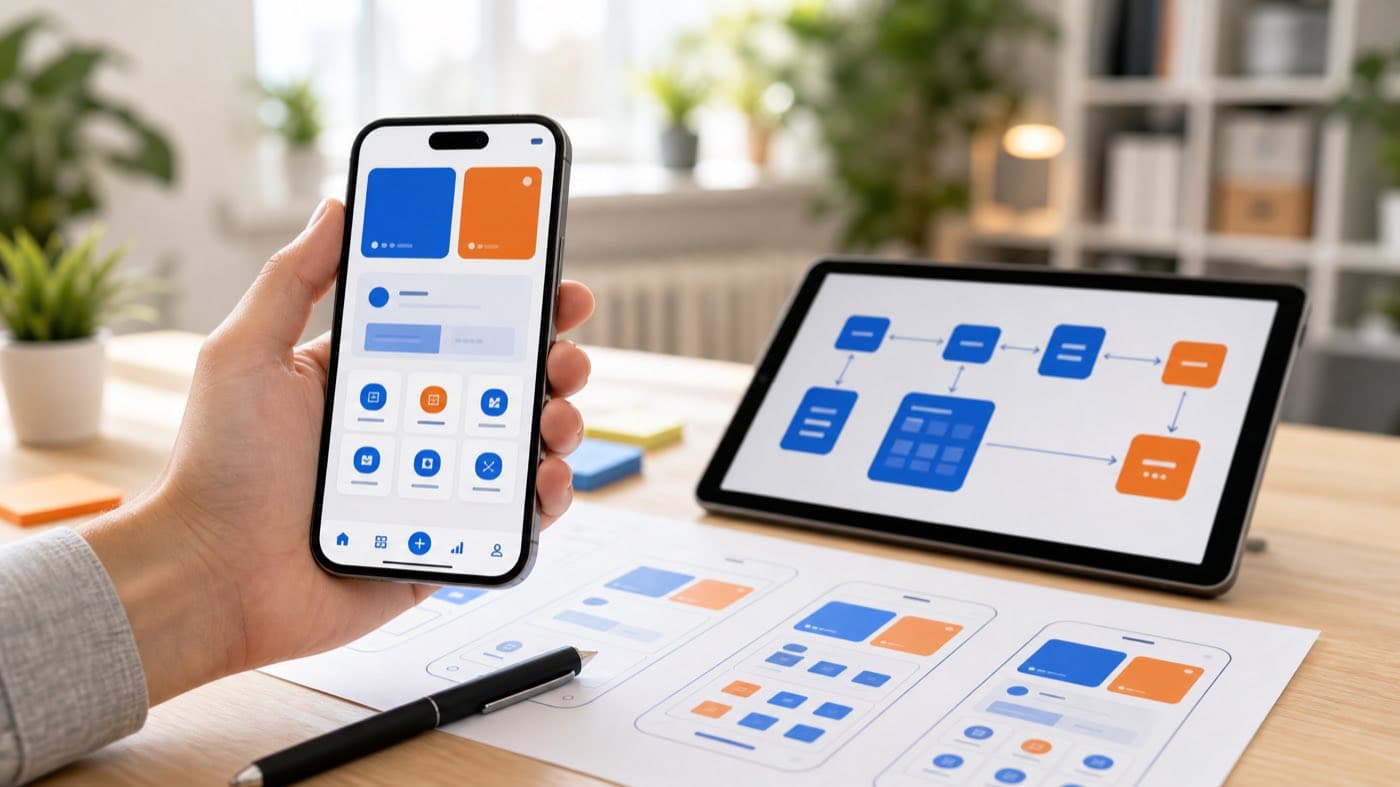 Mobile app screen held in hand beside its flow diagram and printed wireframes