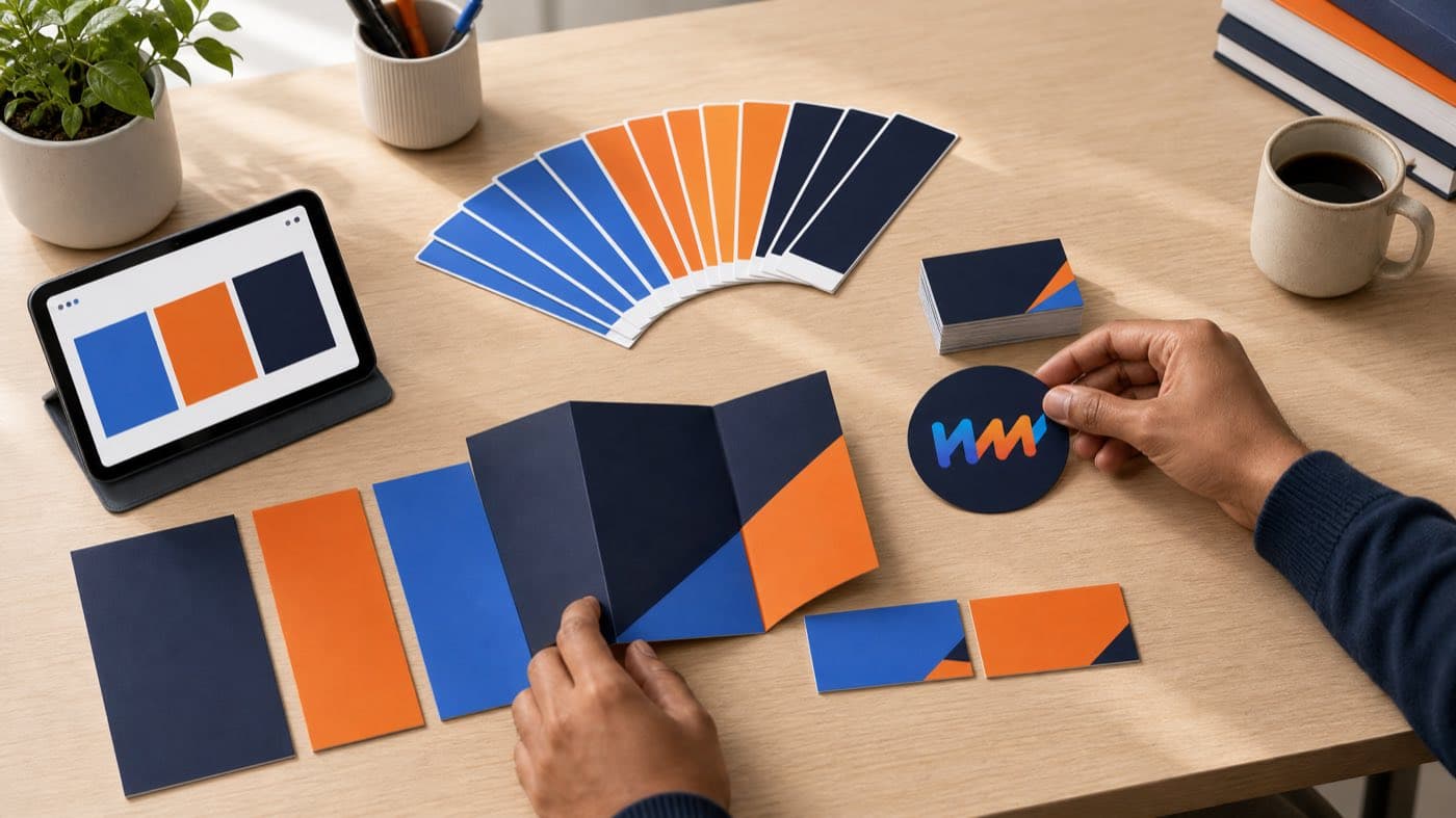 Designer arranging brand collateral, colour swatches and business cards on a desk