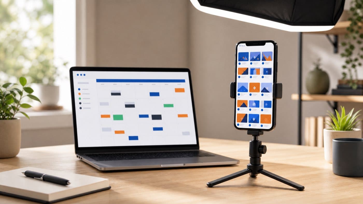 Phone on a tripod under a softbox showing a grid of social posts, content calendar behind