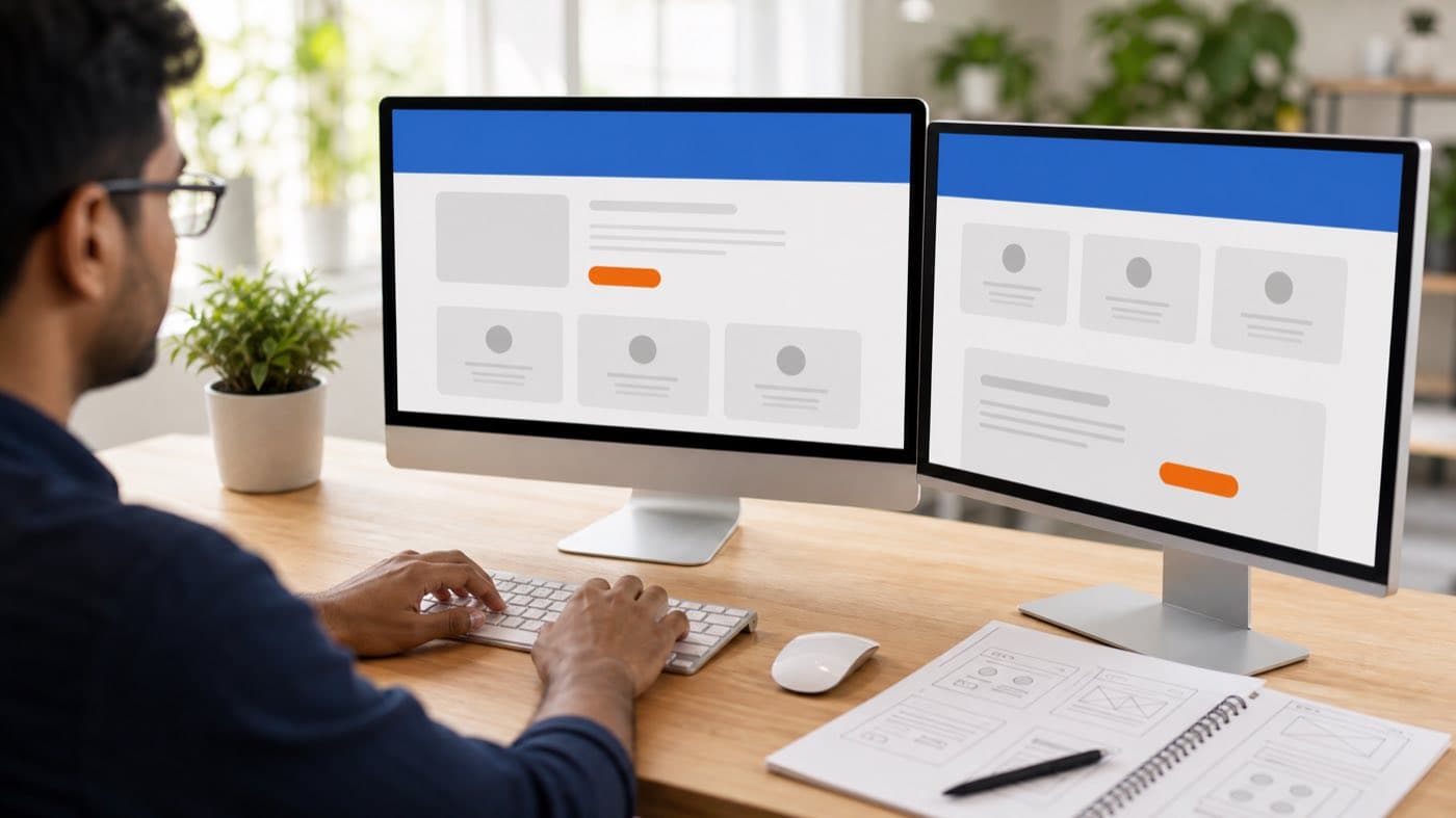 Developer building a website layout across two monitors beside paper wireframes