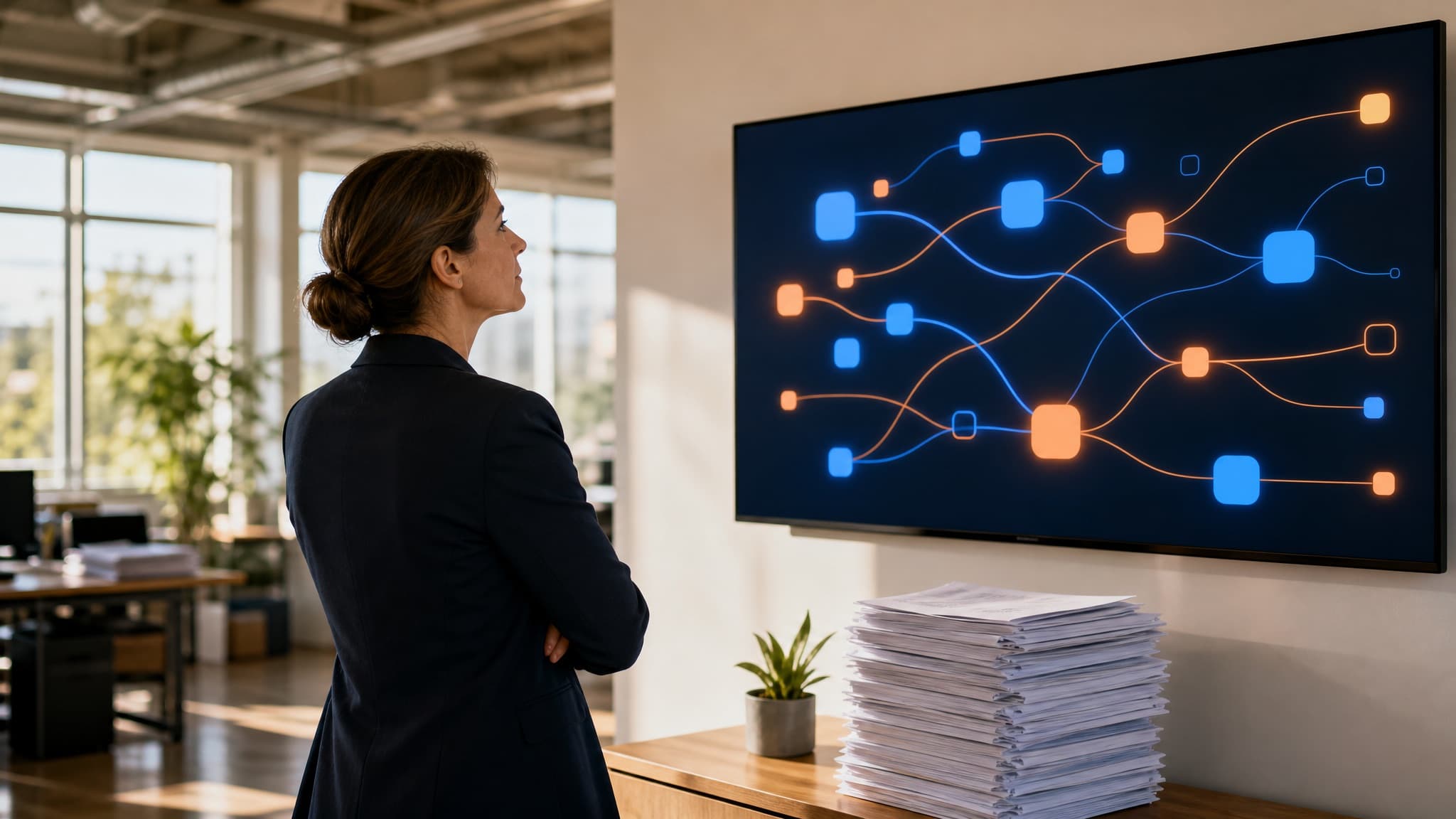 An operations manager studying a workflow diagram on a wall-mounted screen, a tall stack of untouched paper invoices on the desk beside her