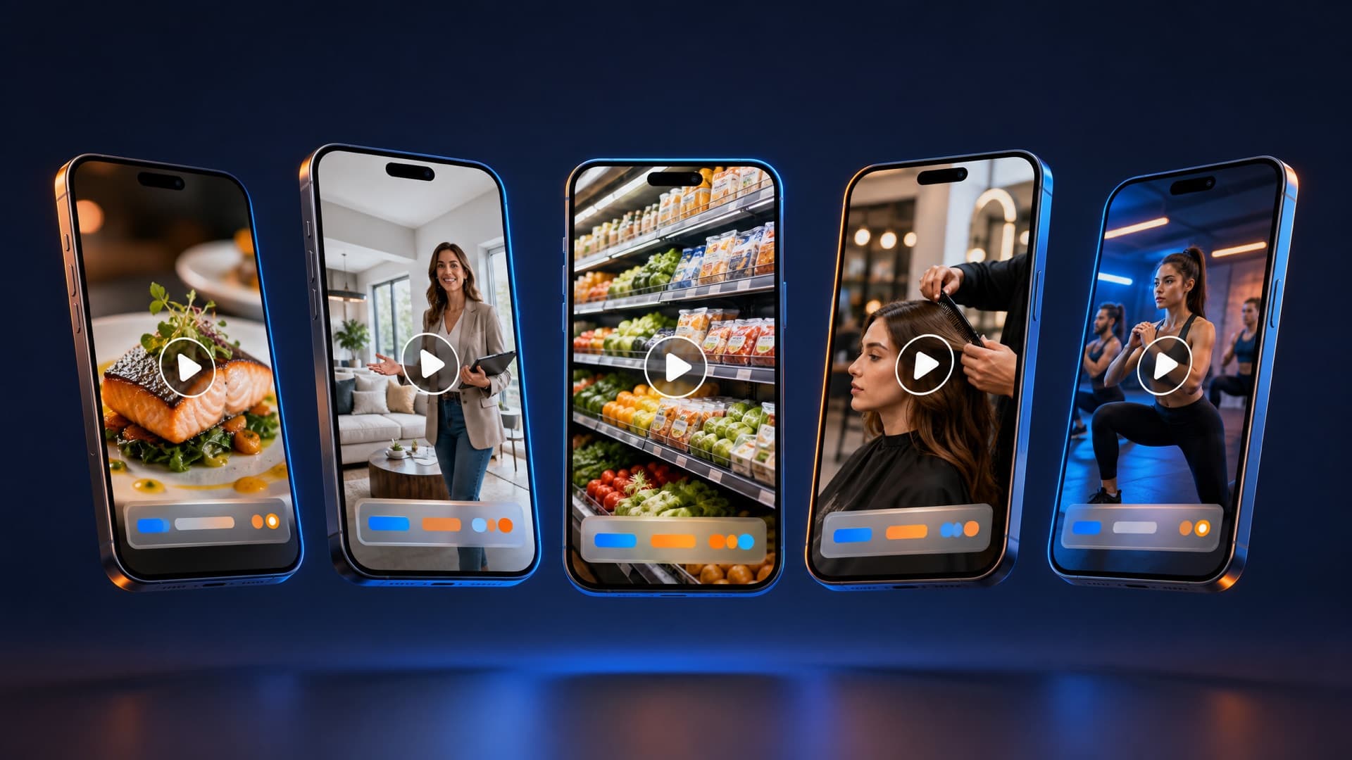 Five phone screens playing short-form video ads for a restaurant, realtor, grocery store, salon and gym