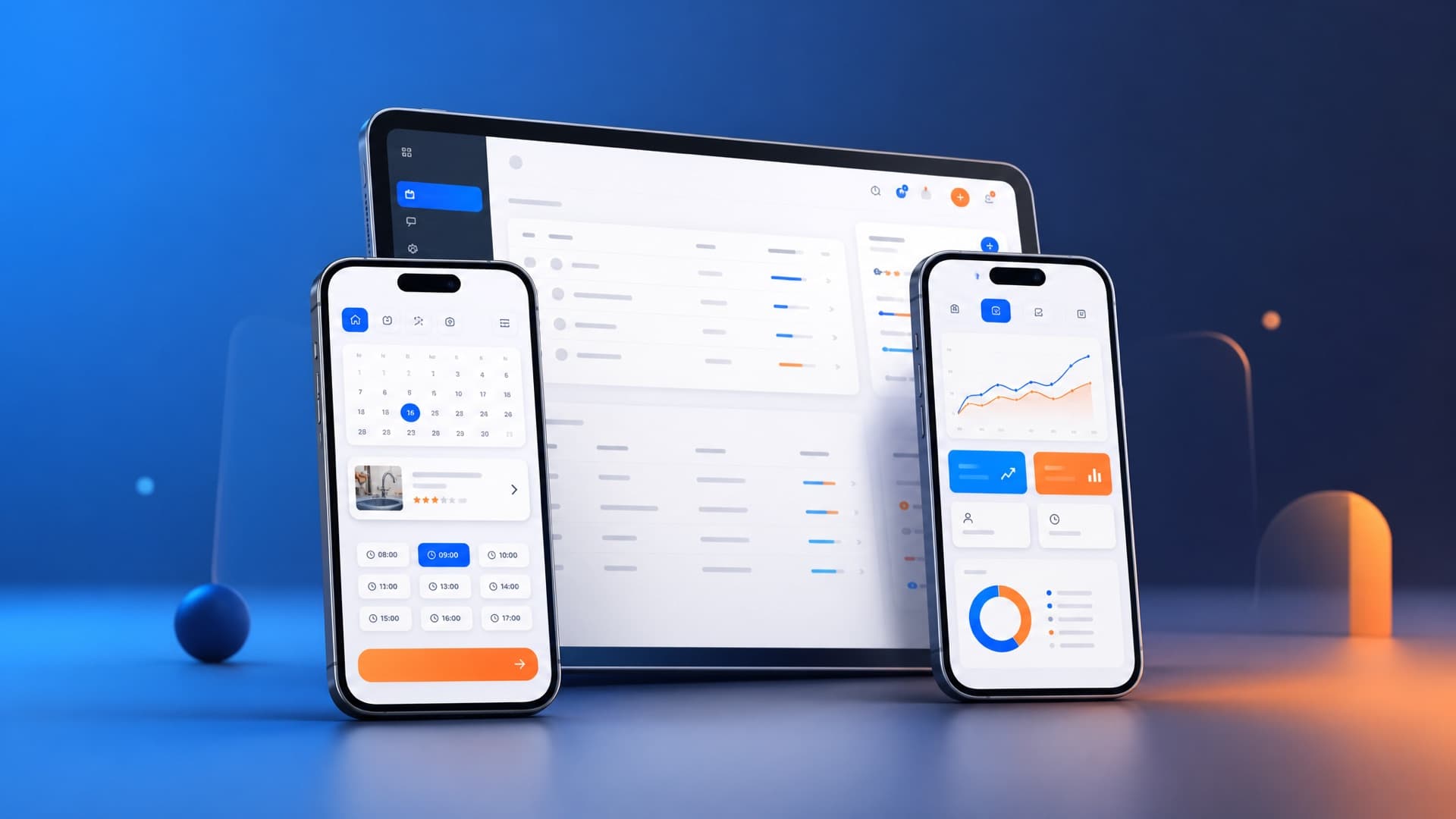 Two smartphones and a tablet showing a booking screen, an analytics dashboard and an admin panel