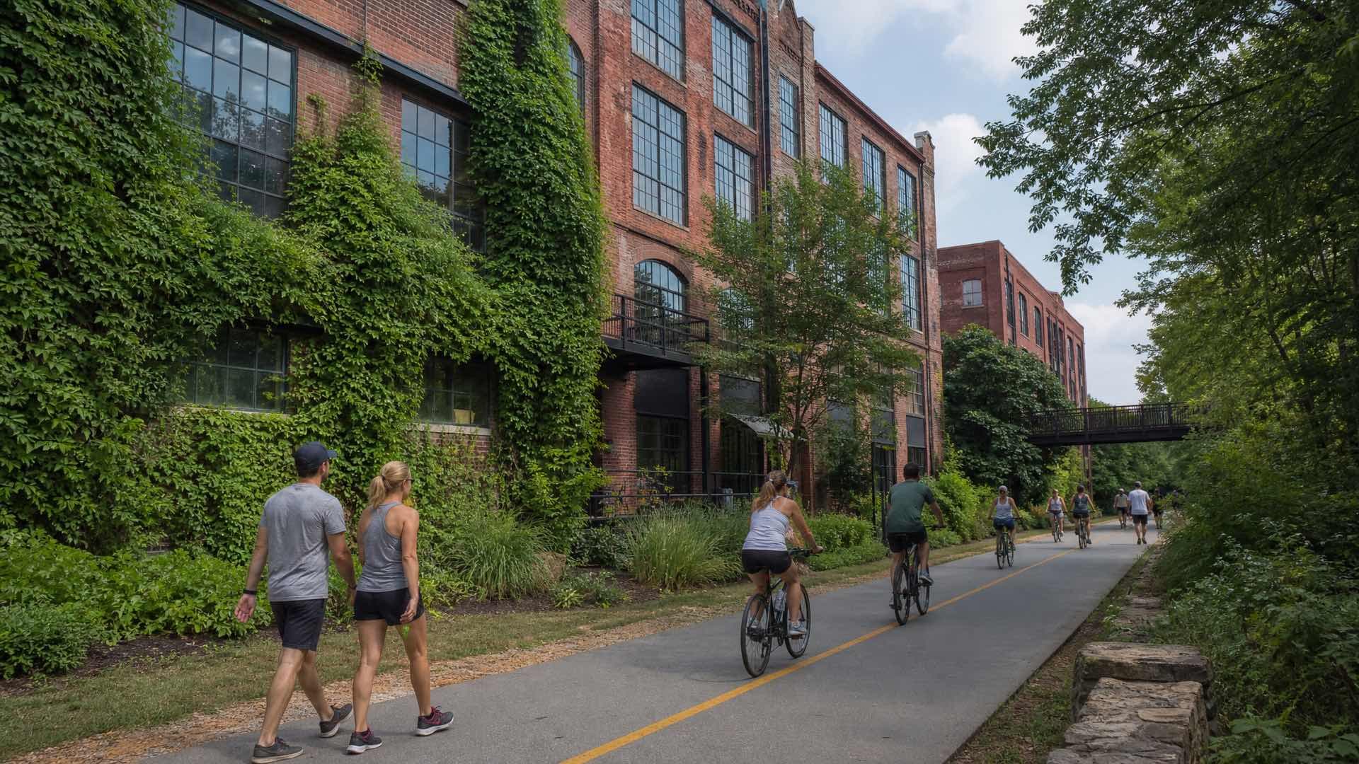 People walking and cycling on a paved trail beside tall converted brick warehouses and dense greenery in Atlanta