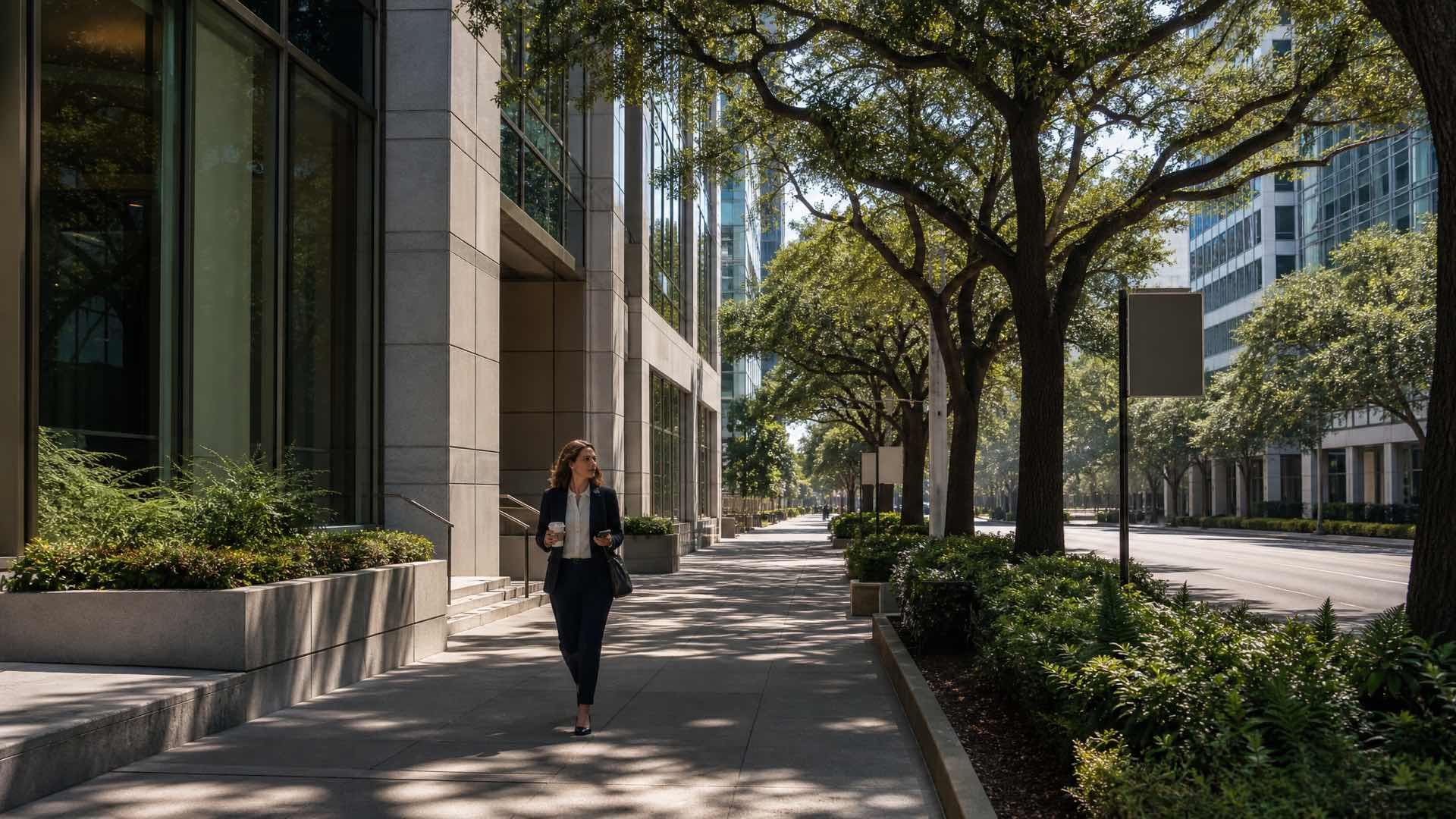 A woman walking with coffee and a phone past mid-rise glass offices under willow oaks on a humid Charlotte morning