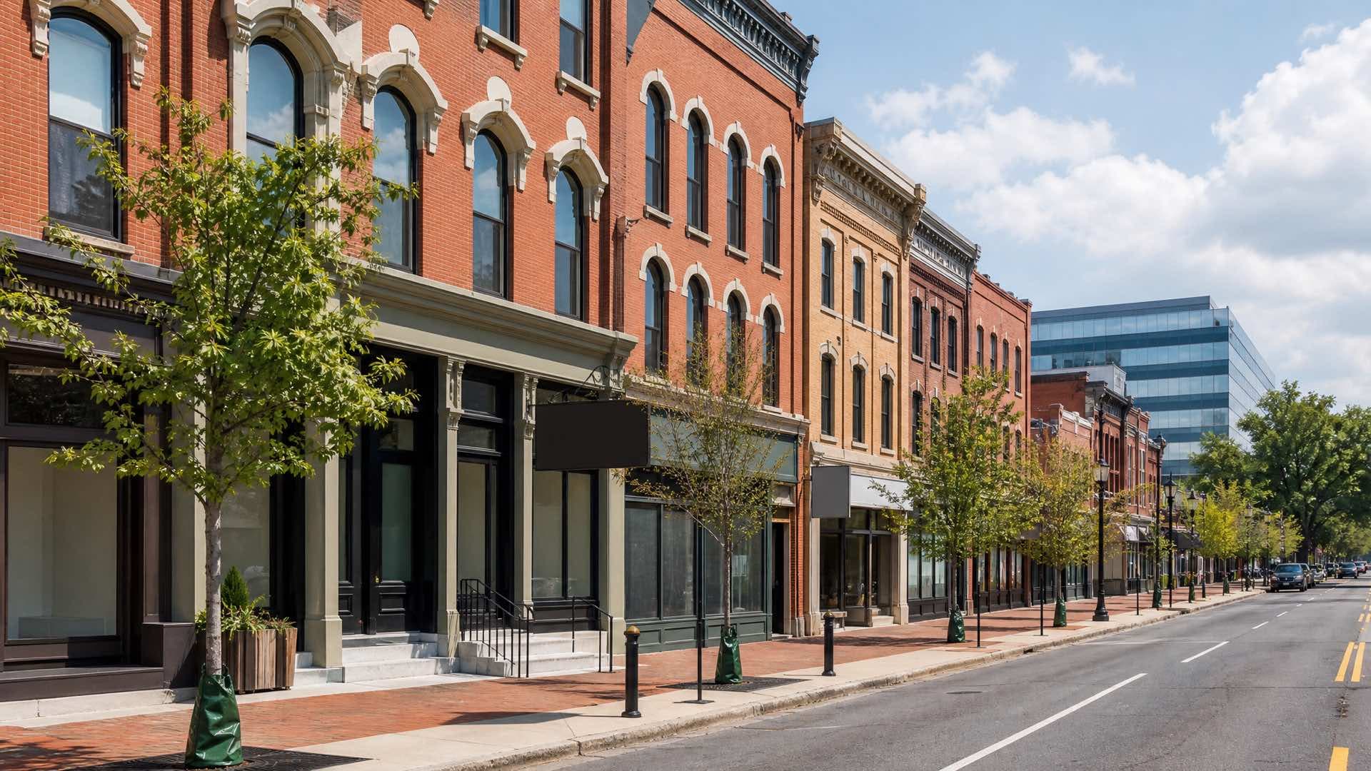 A Columbus street of restored red and buff brick storefronts with arched windows under flat bright Midwestern daylight