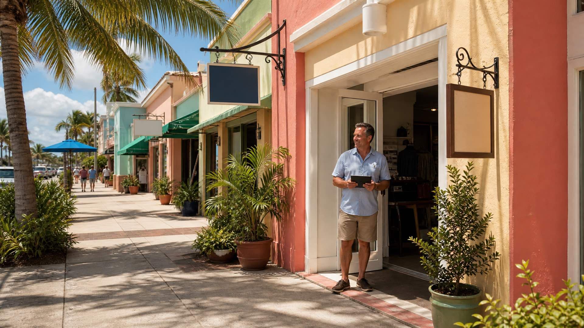 A shop owner holding a tablet in the doorway of a pastel storefront on a sun-drenched Florida coastal street