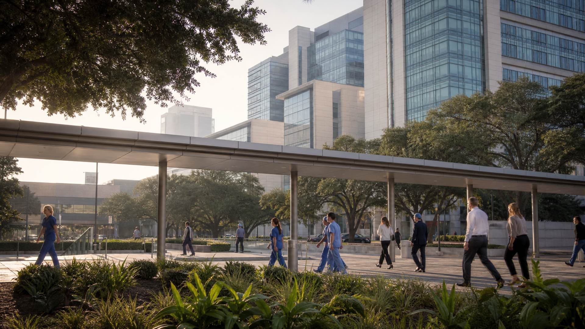Staff crossing a plaza between tall hospital and research buildings on a humid Houston morning, live oaks overhead