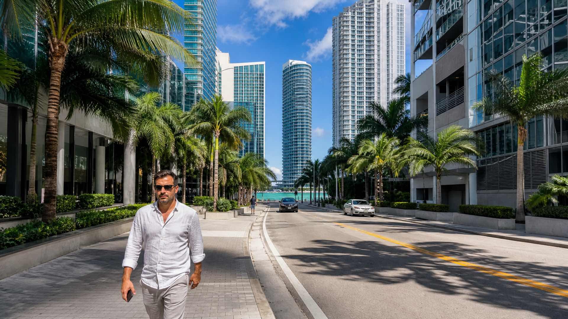 A man walking with a phone along a Miami street of glass towers and royal palms, turquoise bay water visible beyond