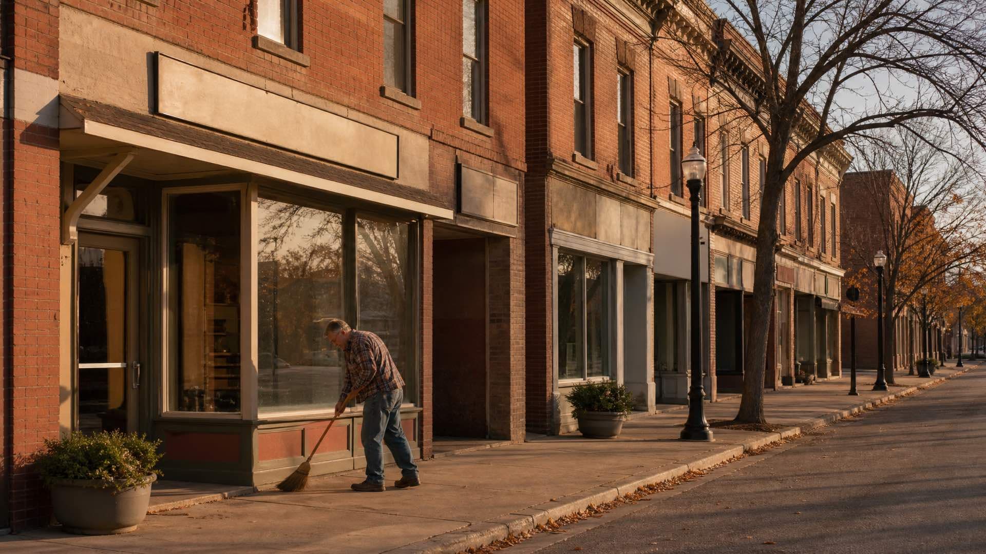 A shop owner sweeping the sidewalk outside red brick storefronts on a Midwestern main street in low autumn sunlight
