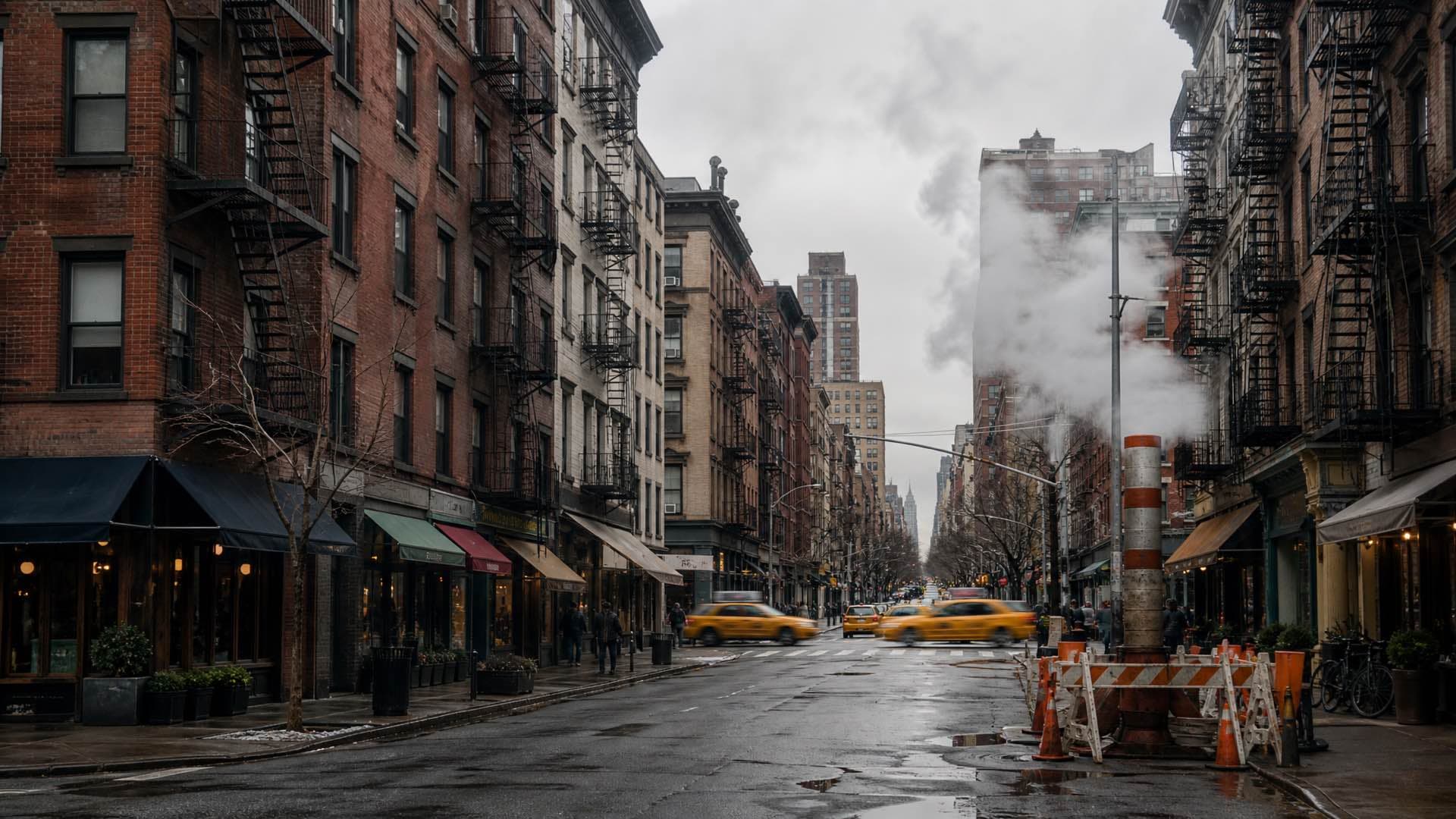 A dense New York side street of walk-up buildings with iron fire escapes and awninged shopfronts under overcast light