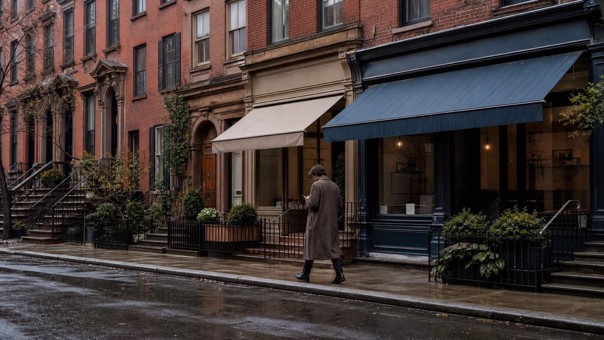 A person in a long coat checking their phone while walking past brownstone shopfronts with awnings on a damp Northeastern street