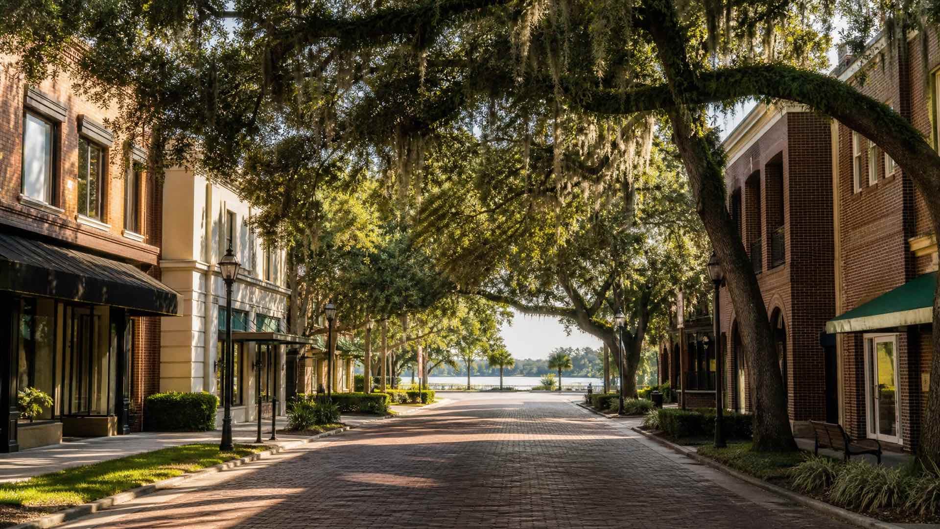 A Central Florida brick main street under live oaks draped with Spanish moss, a lake glinting through the trees beyond