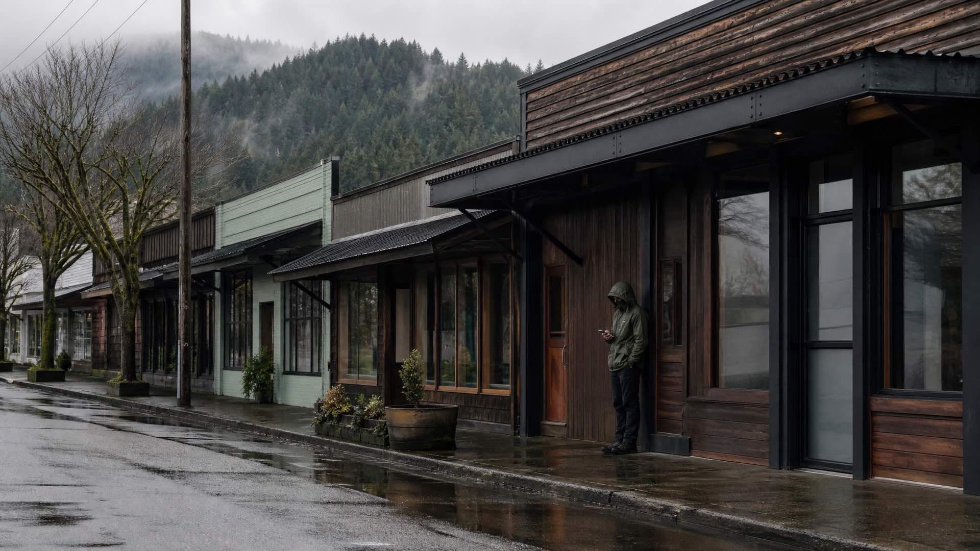 A person sheltering under an awning outside timber-fronted shops on a rain-slick Pacific Northwest street, evergreen hills beyond