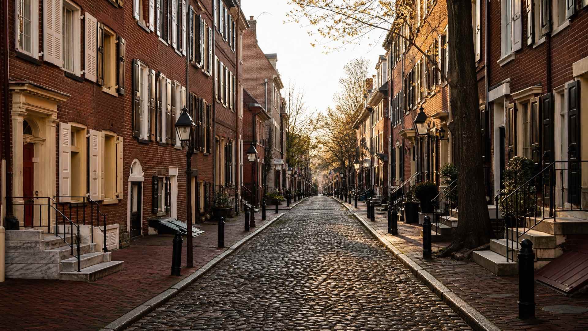 A narrow colonial Philadelphia street of red brick houses with white shutters and marble steps on cobblestones at golden hour