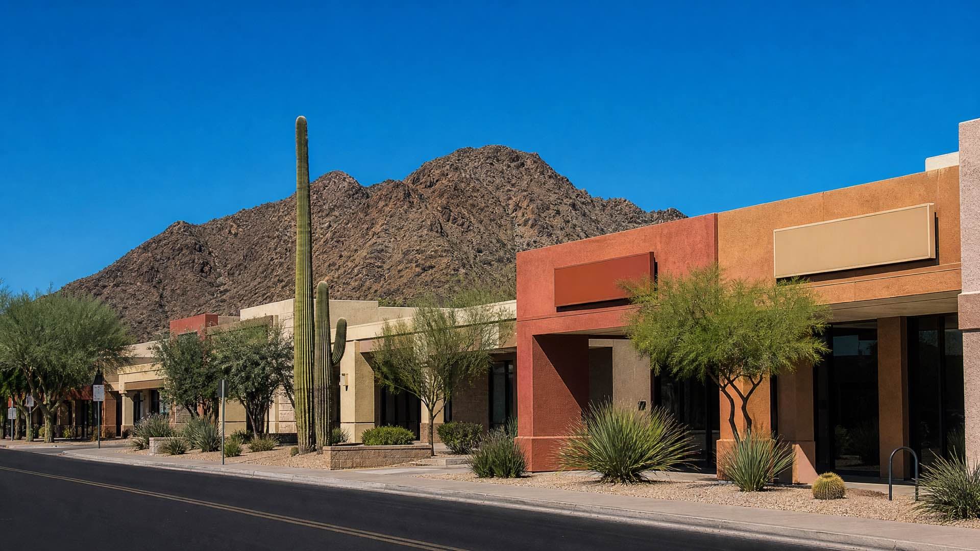 Low stucco buildings and saguaro cactus in hard Phoenix desert light, a bare rocky ridge close behind the rooftops