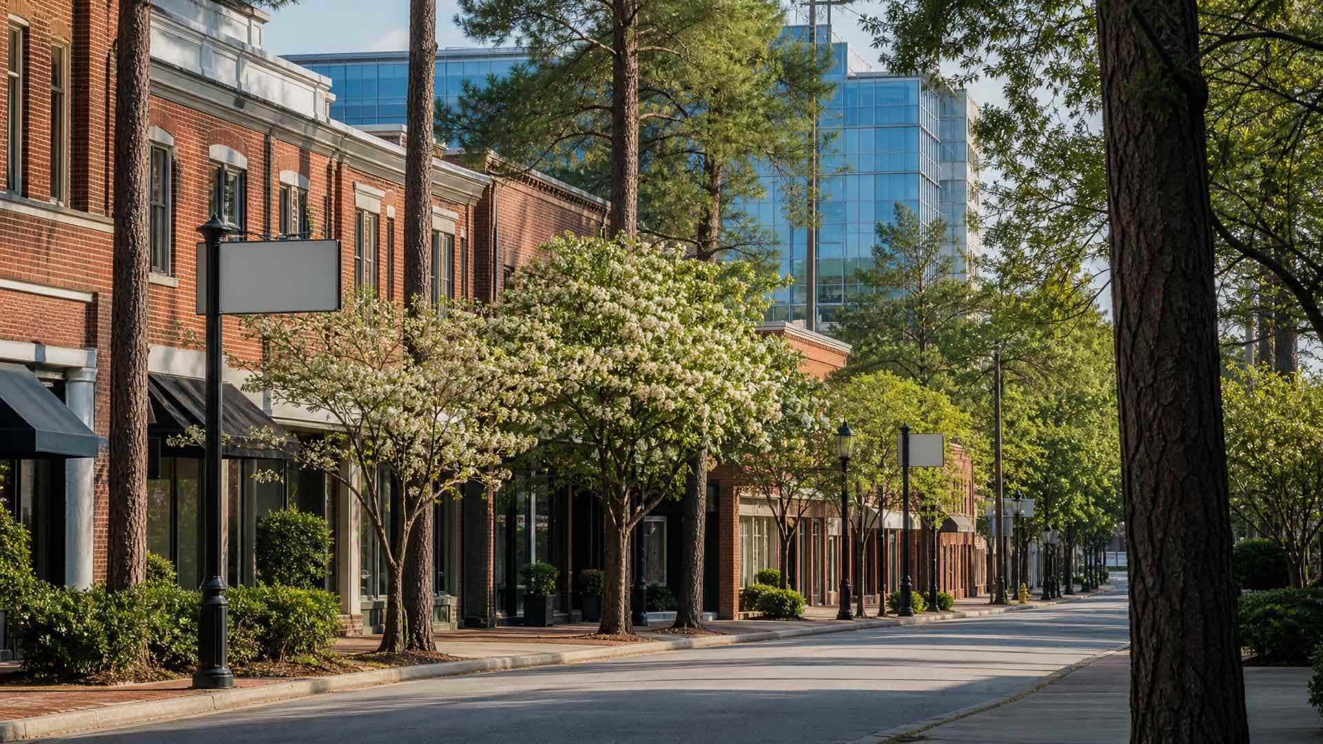 A Raleigh street of red brick storefronts with loblolly pines and flowering dogwoods, a glass tower rising behind