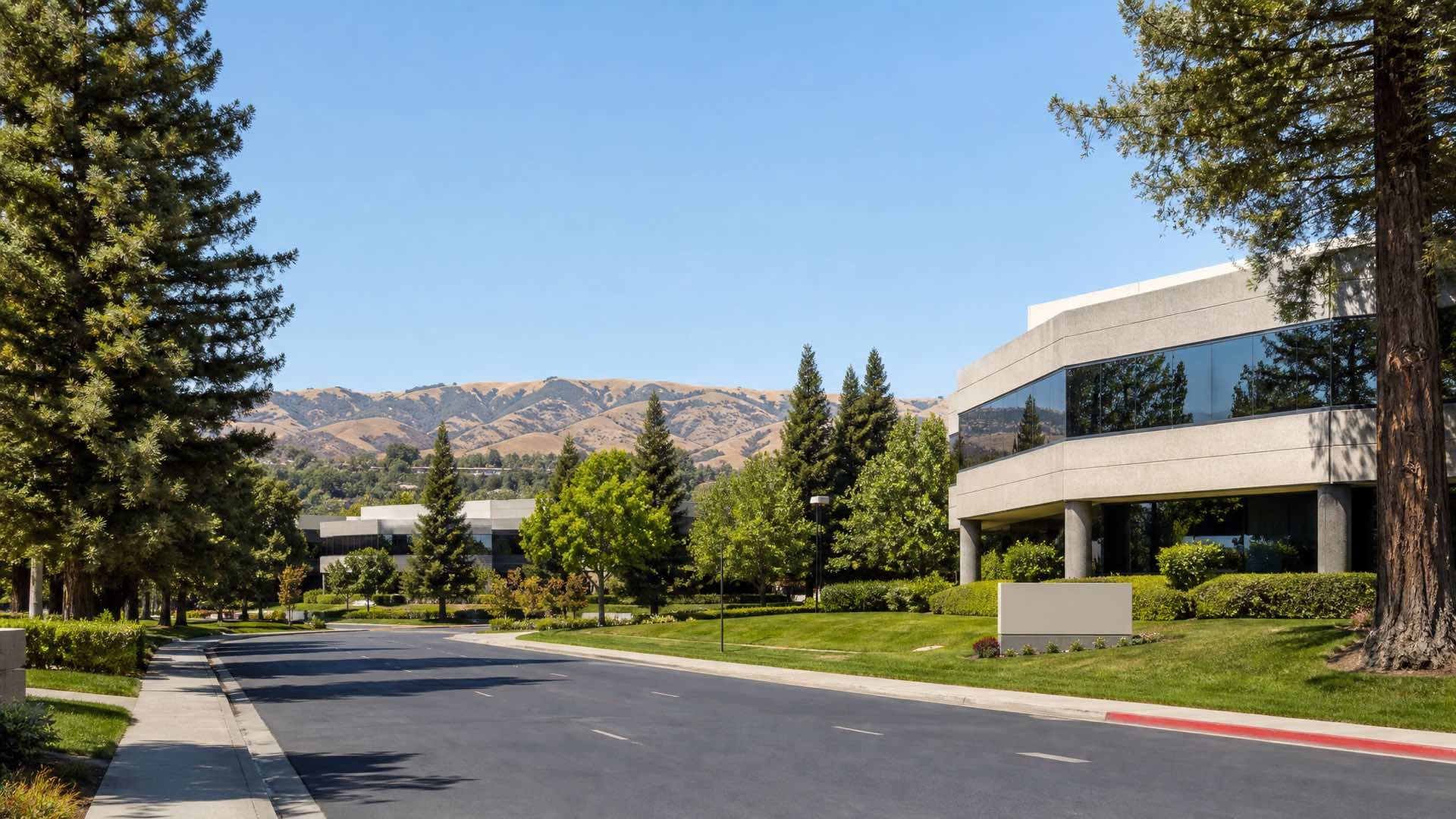 A Silicon Valley business park of low tinted-glass offices set behind lawns and redwoods, dry golden foothills behind