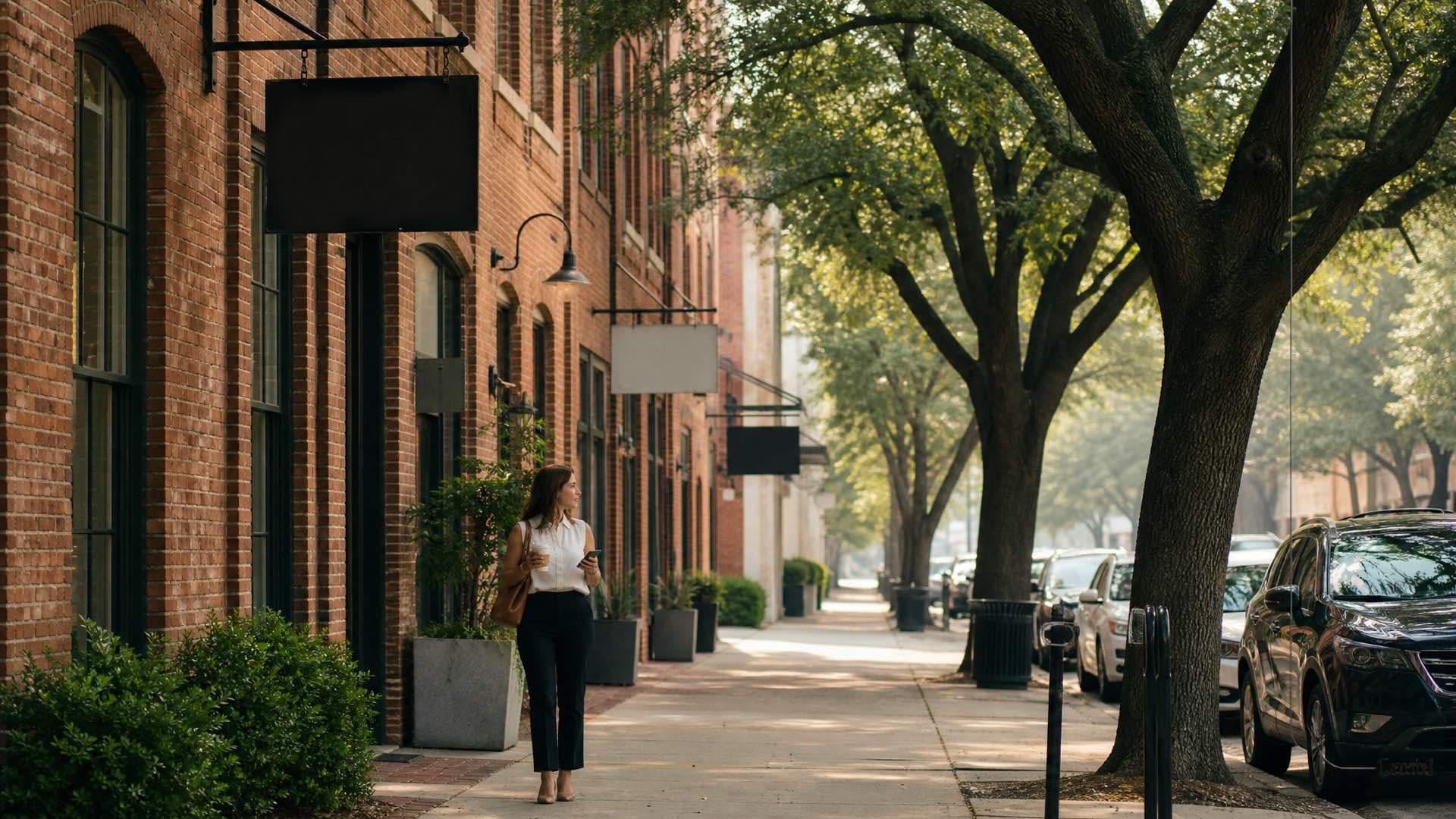 A woman with a coffee and a phone walking past converted red brick warehouses under mature oak trees in a Southeastern city
