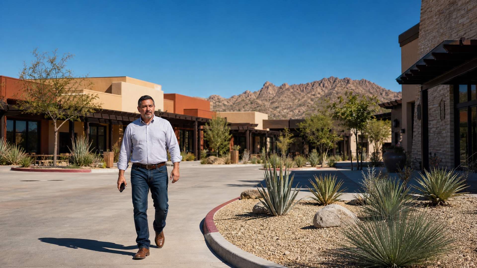 A business owner walking through a desert-modern plaza of adobe and terracotta buildings with mountains on the horizon