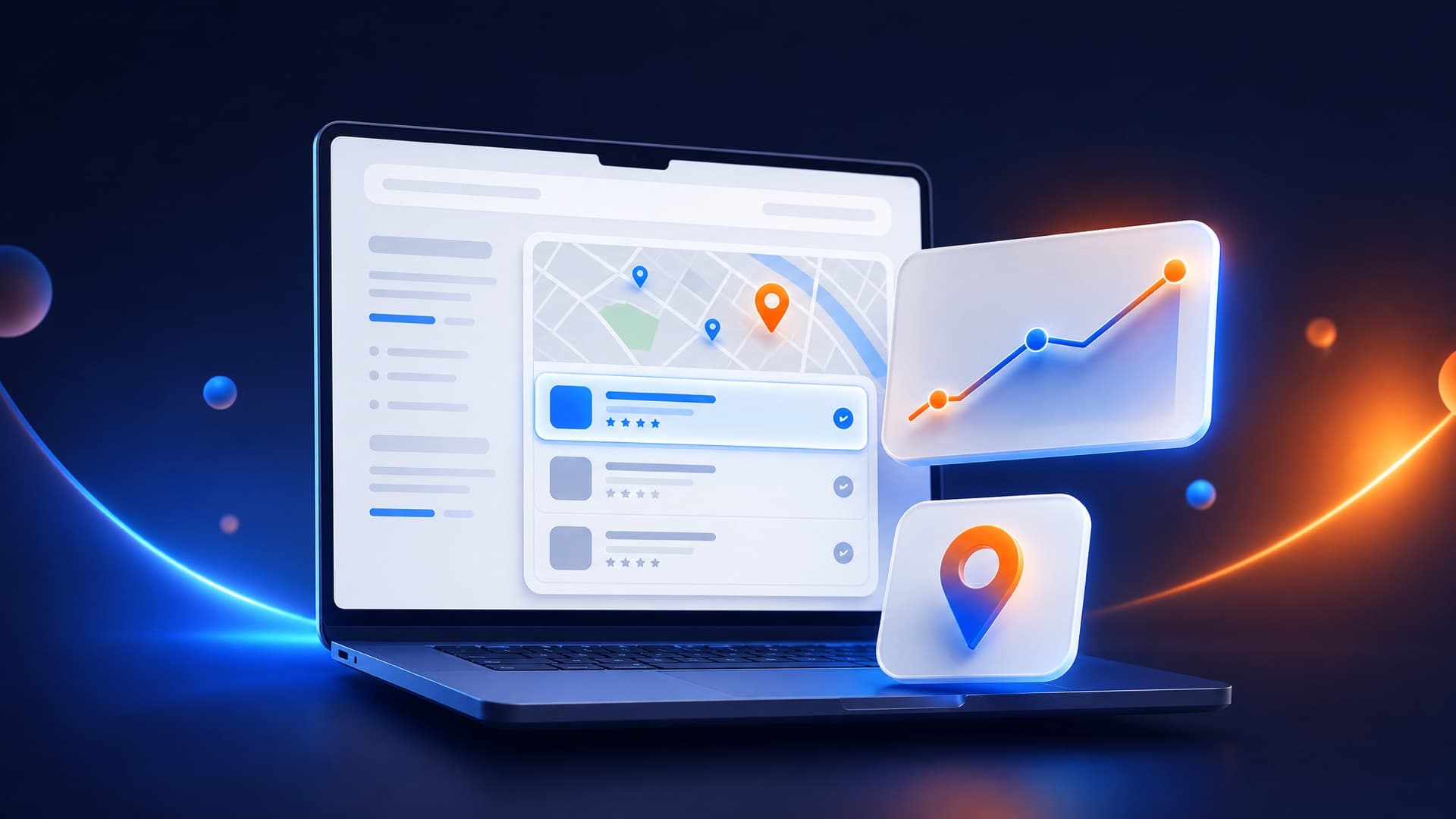 A laptop showing a local business ranked first in a map-pack search result, with a rising traffic chart