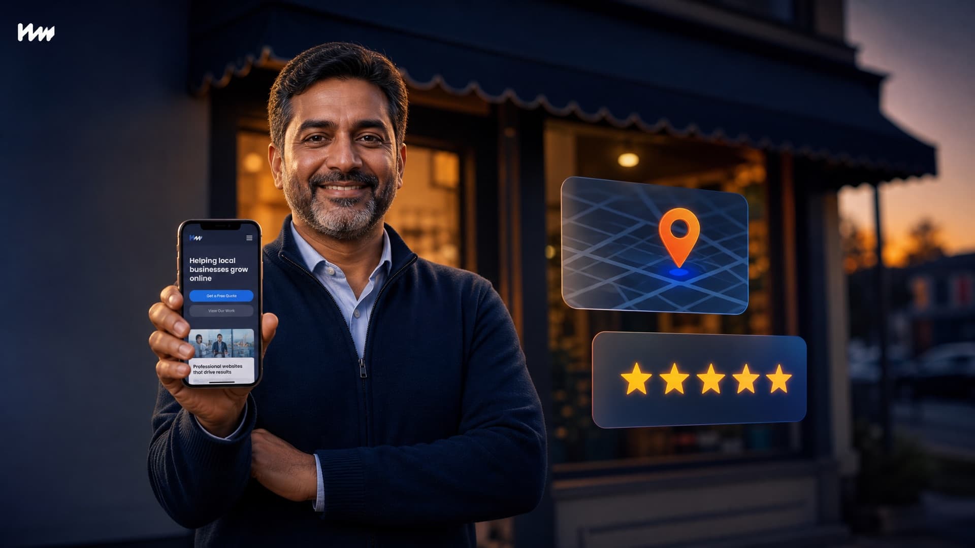 Illustration of a local business owner outside their US storefront showing their new website on a phone
