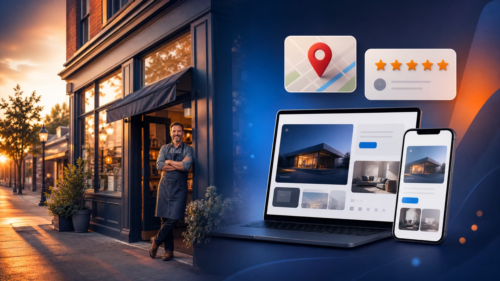 A US main-street business owner outside their store beside their new website on a laptop and phone