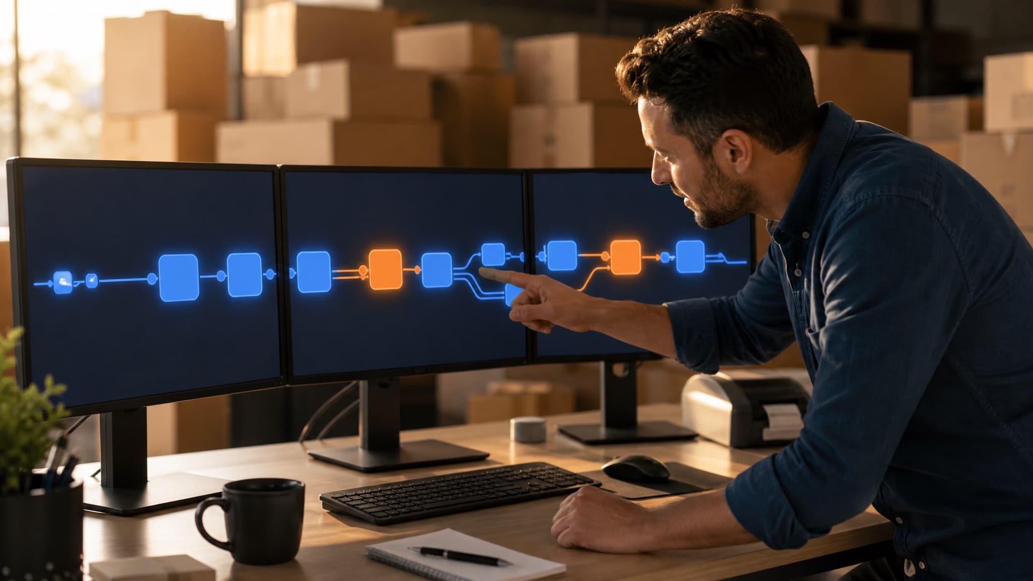 A man in a logistics office pointing at a process pipeline running across three monitors, shipping boxes stacked behind him