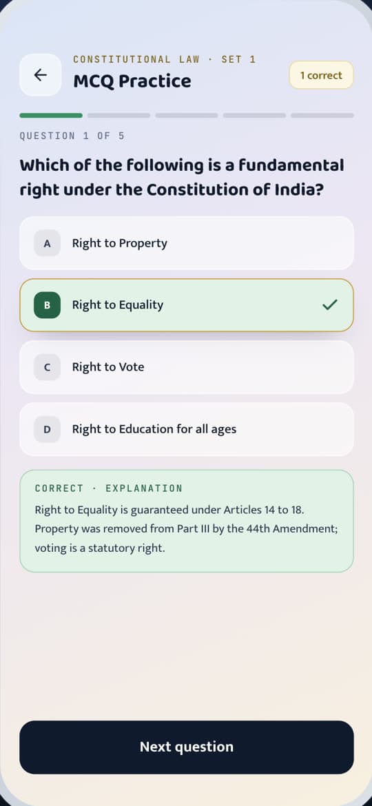Law2Judge MCQ practice screen with answer explanation