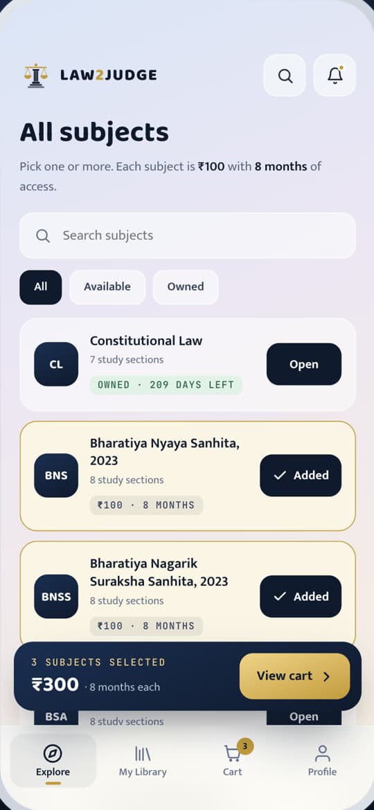 Law2Judge subject catalogue with per-subject pricing and cart