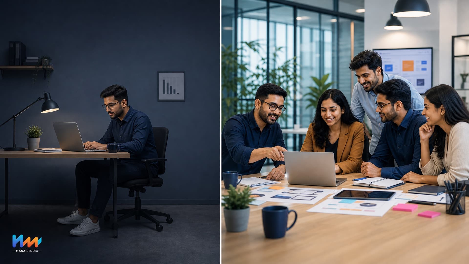 A split image with one person working alone at a desk on the left and a full team collaborating around a table on the right