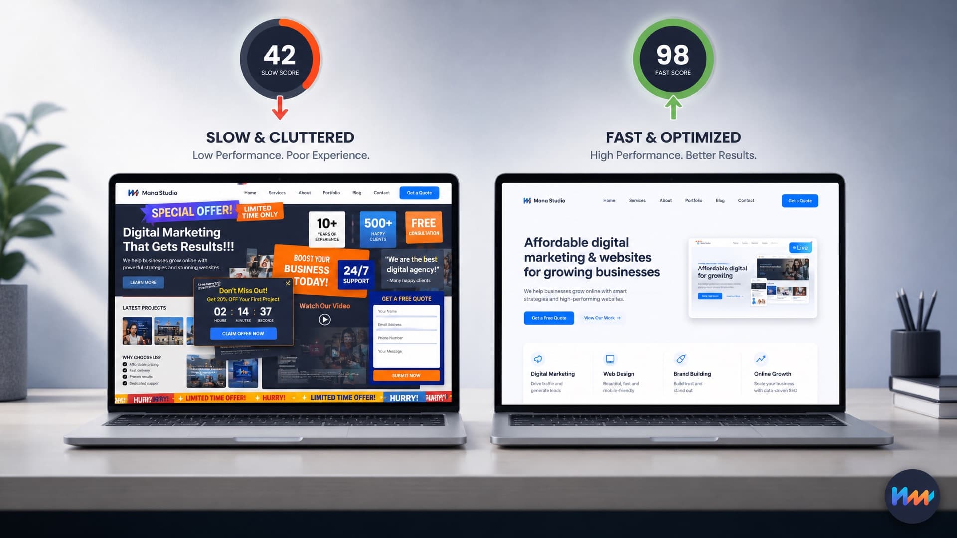Two laptops side by side showing a slow cluttered website scoring 42 and a fast optimised one scoring 98