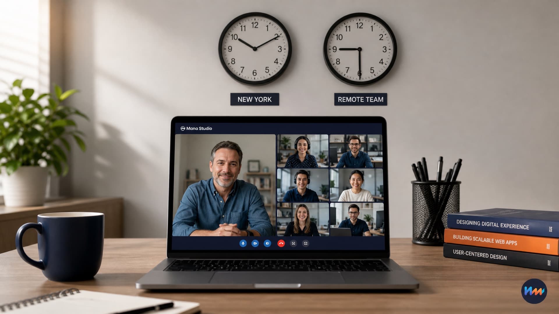 A laptop showing a video call with a remote development team, beneath two wall clocks set to different time zones